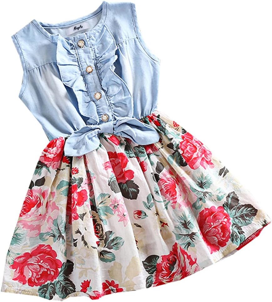MingAo Little Girls Denim Floral Print Sleeveless Skirt Dresses & Long Sleeve, One-Piece