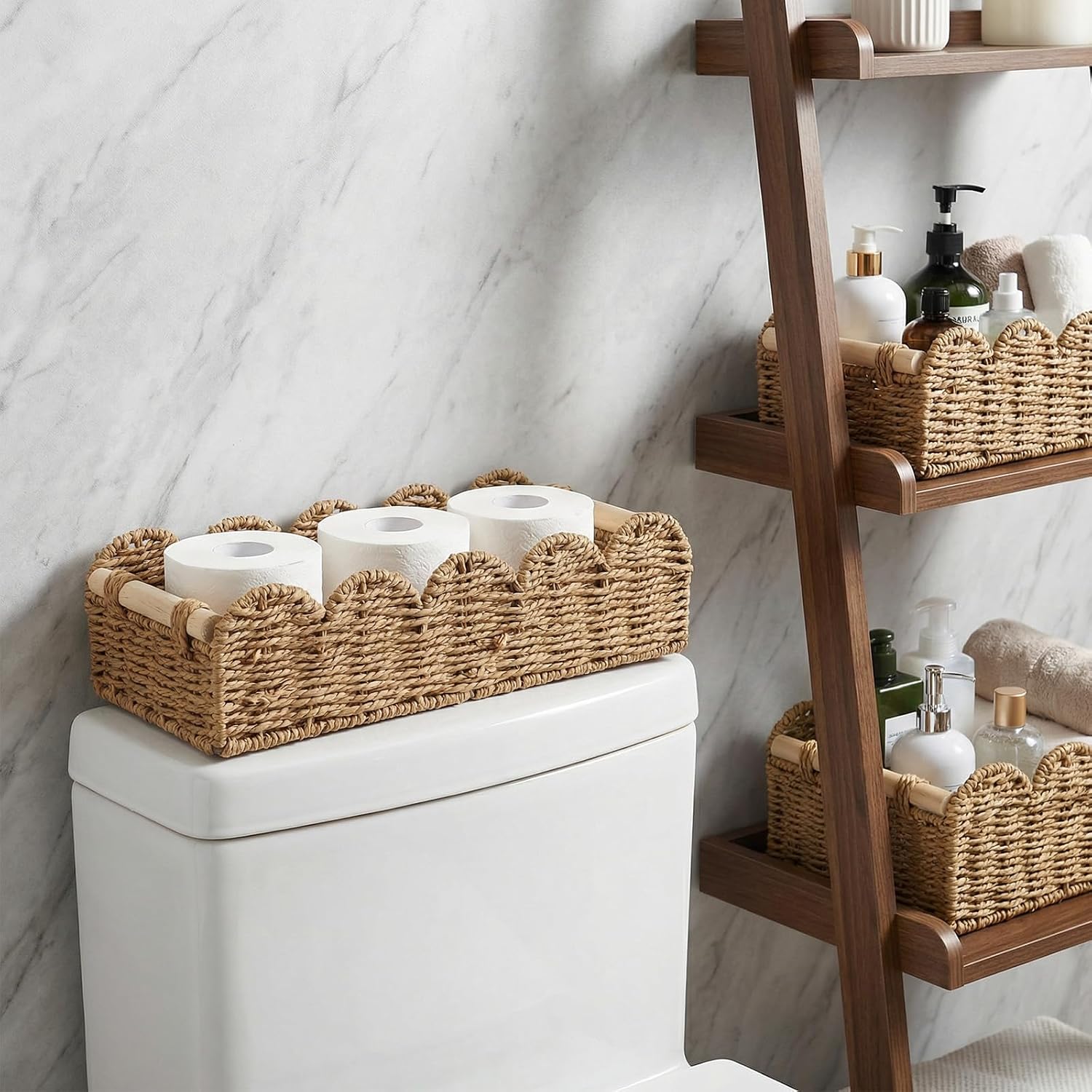 2 Pcs Toilet Paper Storage Basket, Beige Scalloped Edge Paper Rope Wicker Basket for Over Toilet Tank Top, Home Bathroom Bedroom Decor and Organization, Beige