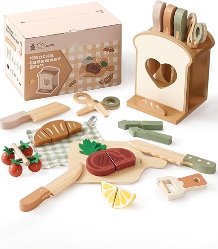 ROBUD Juego de 16 cuchillos de cocina para niños, juego de cocina de madera, inspirados en Montessori, juguetes de cocina para niños pequeños,