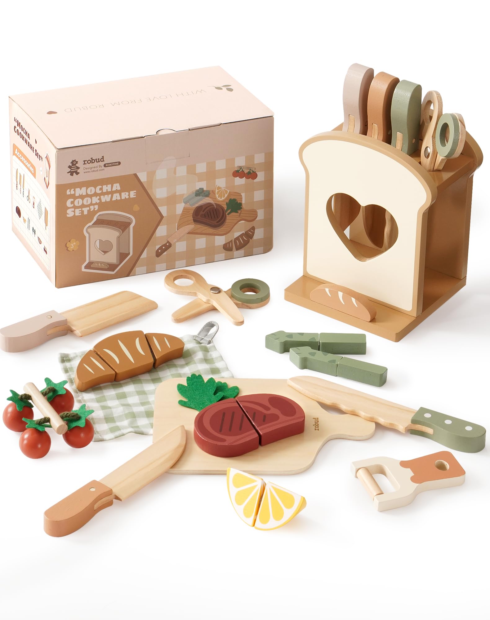 ROBUD 16pcs Kids Play Kitchen Knife Set - Wooden Cooking Playset, Montessori-Inspired Pretend Kitchen Toys for Toddlers, Role Play Gift for Boys and