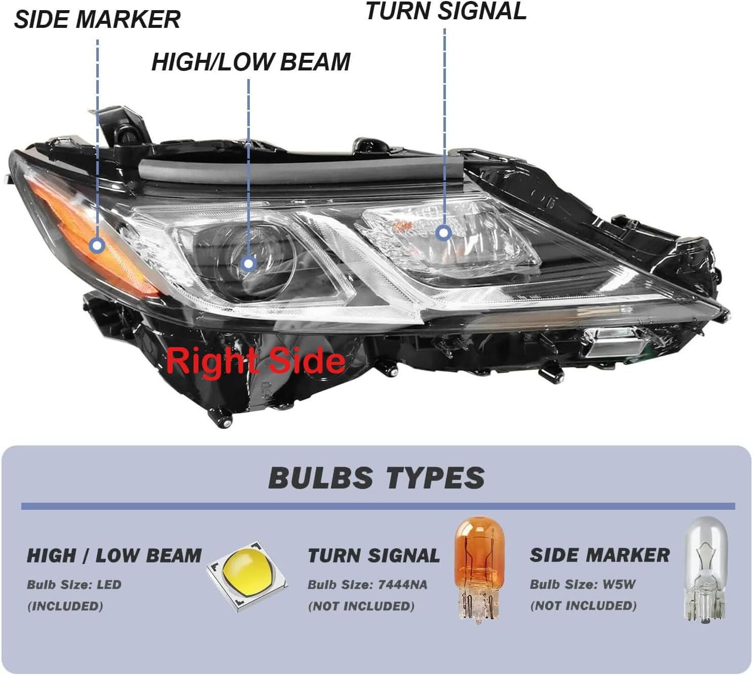 Generic 2018-2022 Camry Headlights,LED Projector Headlight Assembly Compatible with Toyota Camry L LE SE,Headlight Headlamp for Camry 2018-2022 Replacement Right Passenger Side, Black