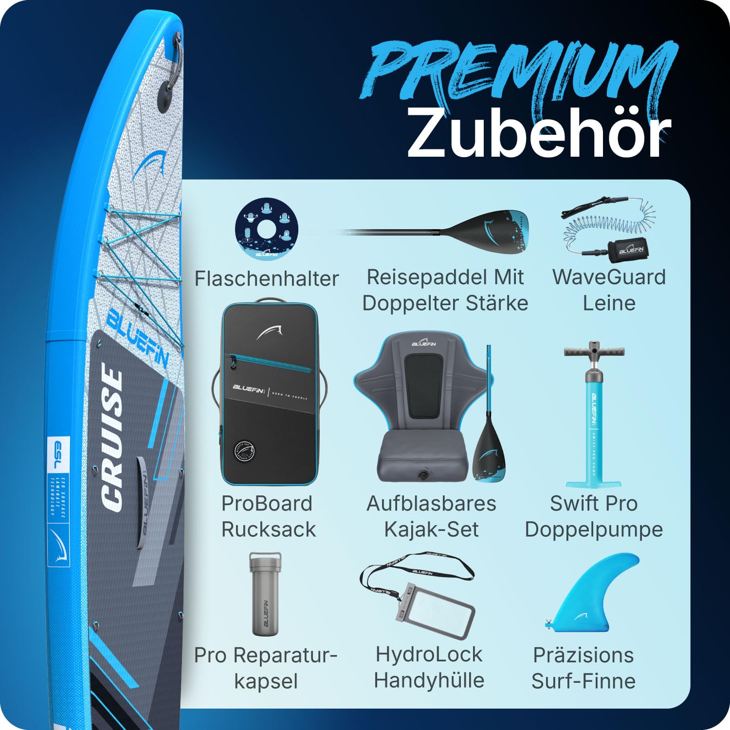 Bluefin Cruise 10'8 aufblasbares Paddleboard | Premium-SUP-Paket & Zubehör | Rutschfestes Deckpad & leicht | 6' Dickes Allround-SUP-Paddleboard | Stand-up-Board für Erwachsene & Jugendliche