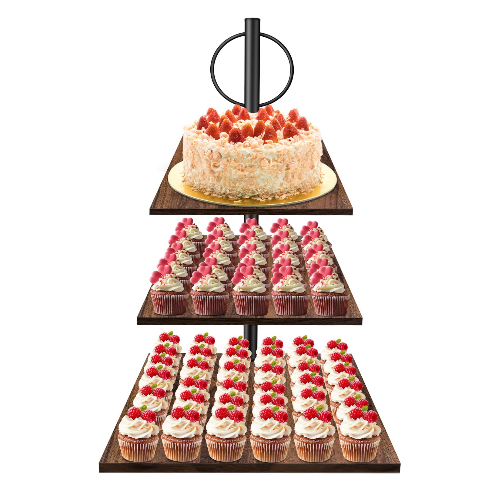 Étagère à gâteaux/cupcakes à 3 étages en bois | Plateau à gâteaux Support à gâteaux Support de service avec poignée métallique | pour anniversaire, goûter, fête, mariage, 30 cm x 30 cm