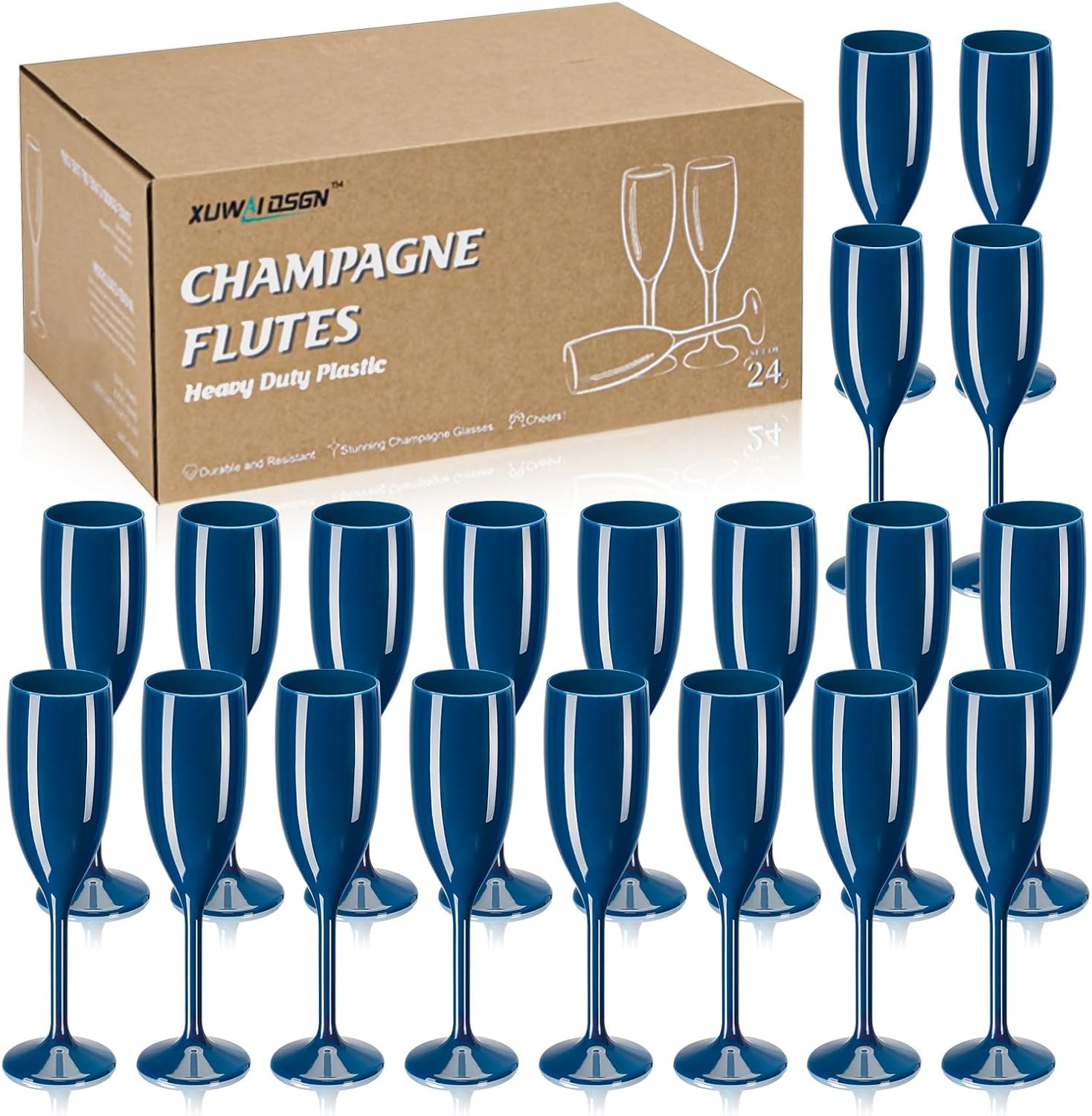 Navy Blue Champagne Flute Acrylic Champagne Glasses Wedding Toasting Champagne Flute Goblet Plastic Reusable Unbreakable Champagne Cups for Bachelorette Wedding Bridal Shower Party (Navy Blue, 24)