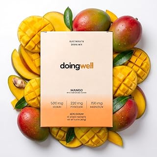 doingwell 전해질 무설탕, 일일 전해질 무설탕 파우더 패킷, 유기농 천연 과일로 단맛, 나트륨 칼륨 마그네슘 함유, 케토 비건, 하이드레이션 스틱 15개(망고)