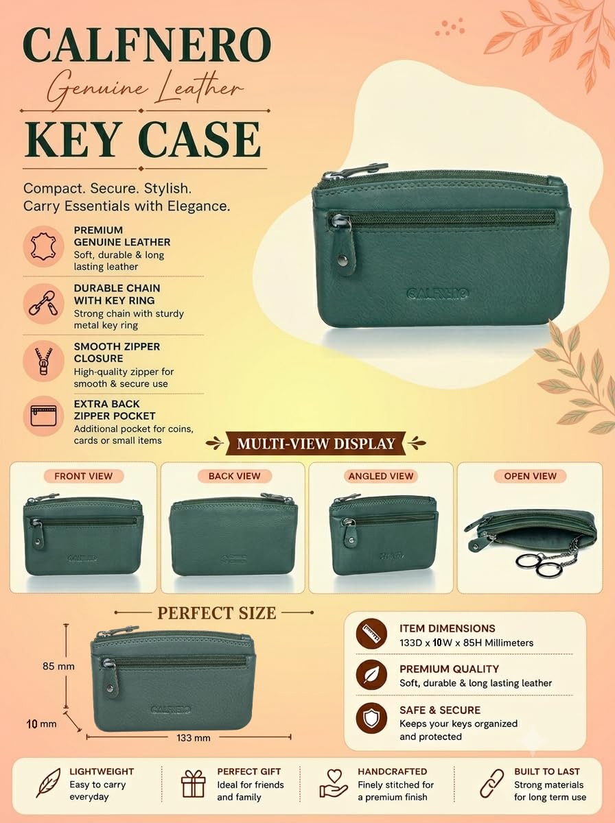 CALFNERO Genuine Leather Coin Wallet & Key Case | Leather Key Organizer for Men Women | Zippered Key Holder, Coin Purse, Cash & Card Pouch | Unisex Compact Travel Wallet (Green) 2