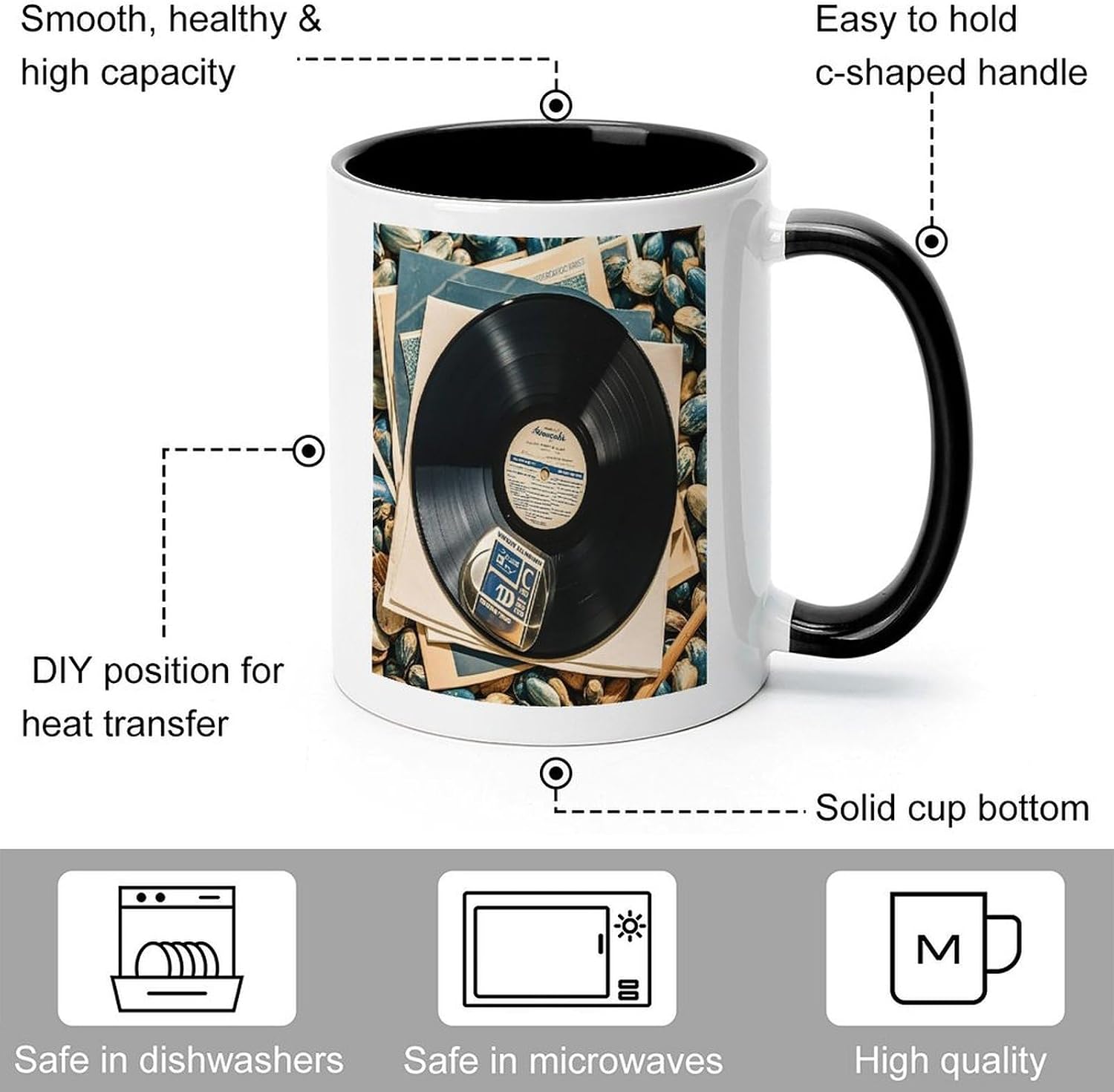 Vintage Vinyl Record Coffee Cup 11 Oz Large Ceramic Coffee Mug with Handle Modern Novelty Tea Cup Cute Funny Mug Latte Mugs Idea Gift for Men Women Office Work White image 3