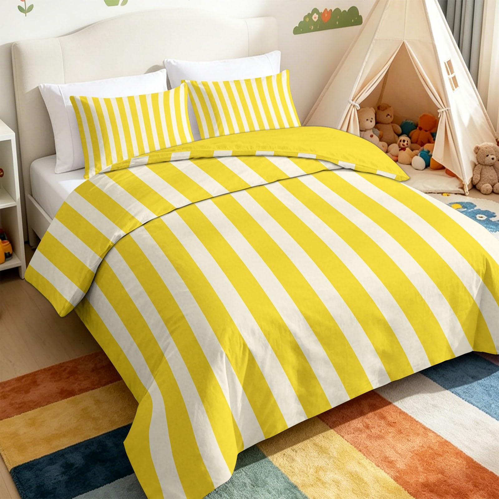 Juego de Ropa de Cama 150x220 cm Rayas Amarillas, Funda Nórdica Cama 90 Reversible Polialgodón Funda Edredon 3 Piezas para Niño Juvenil y Adulto, con Cremallera