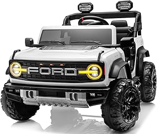 2 Seater 24V Ride on Toys for Big Kids, Licensed Ford Bronco Raptor, Powerful Wheel with Remote Control, Headlight/Music Player/Suspension Function, Durable Tires (White)