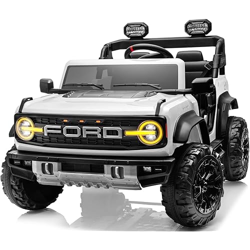 2 Seater 24V Ride on Toys for Big Kids, Licensed Ford Bronco Raptor, Powerful Wheel with Remote Control, Headlight/Music Player/Suspension Function, Durable Tires (White)