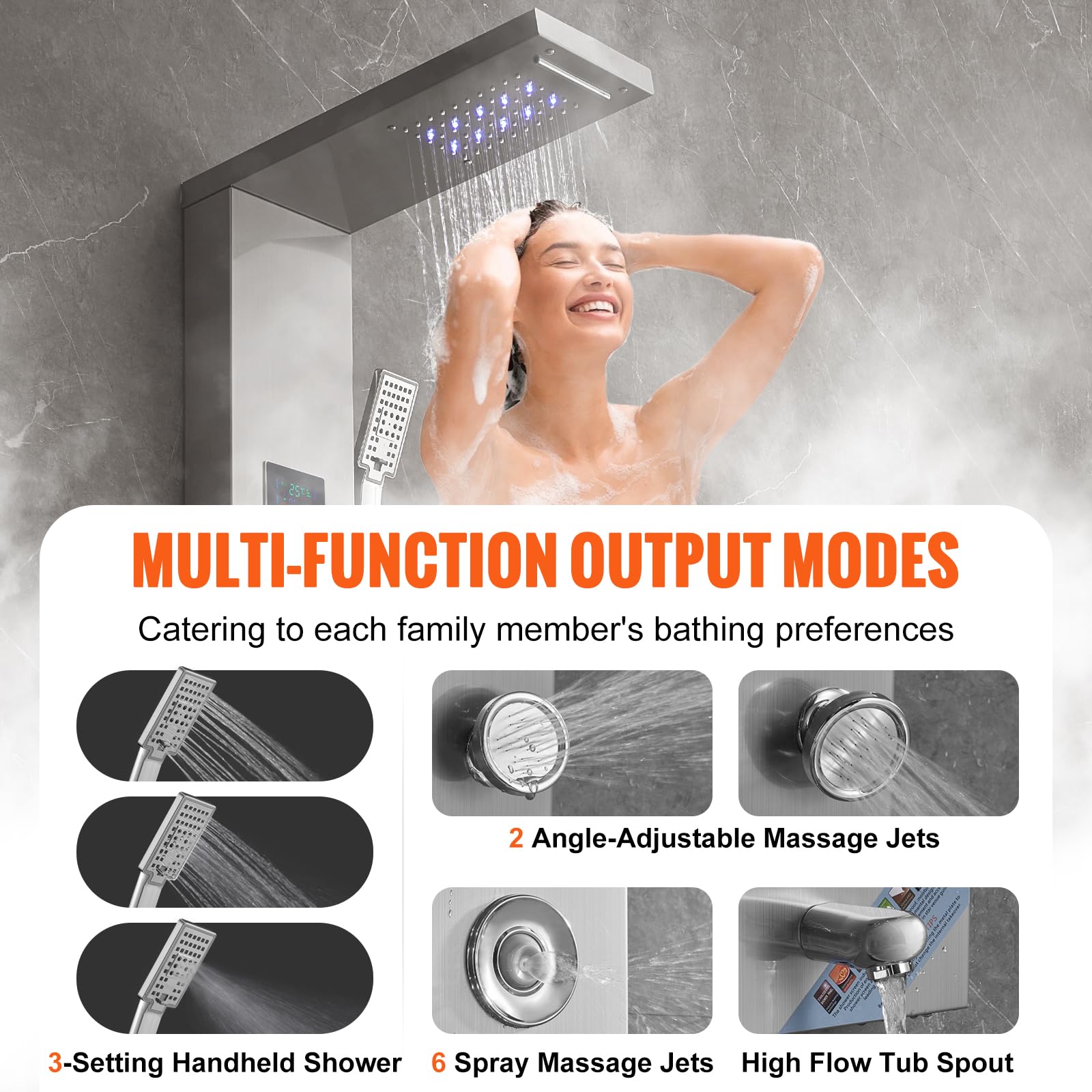 VEVOR Système de Panneau de Douche avec 6 Modes, Tour de Panneau de Douche Hydroélectrique LED Écran, Pluie, Cascade, 8 Jets de Massage, Bec de Baignoire et Pomme de Douche avec Tuyau, Salle de Bain