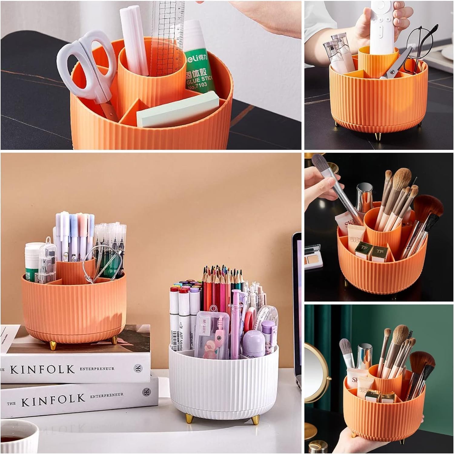 RABBONIX 360° Rotating Makeup Brush Holder Organizer | Makeup Organizers Countertop | Makeup organization Skincare Storage for Vanity, Desktop, Bathroom | Orange, Pack of 01 3