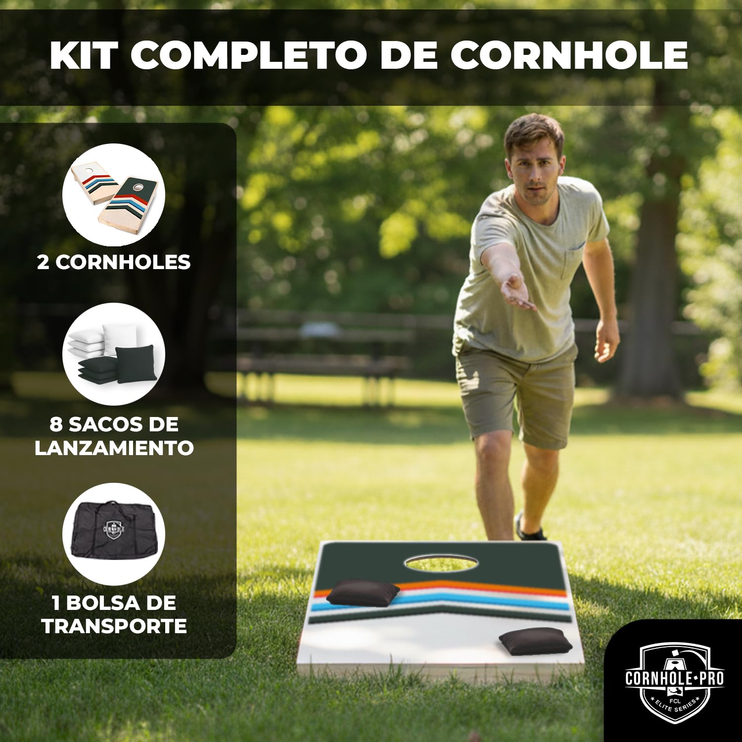 Cornhole Oficial de Madera – 90×60 cm – 2 Tableros + 8 Sacos – Set Completo con Bolsa de Transporte – Juego Exterior para Adultos – Jardín, Playa – Original Corner