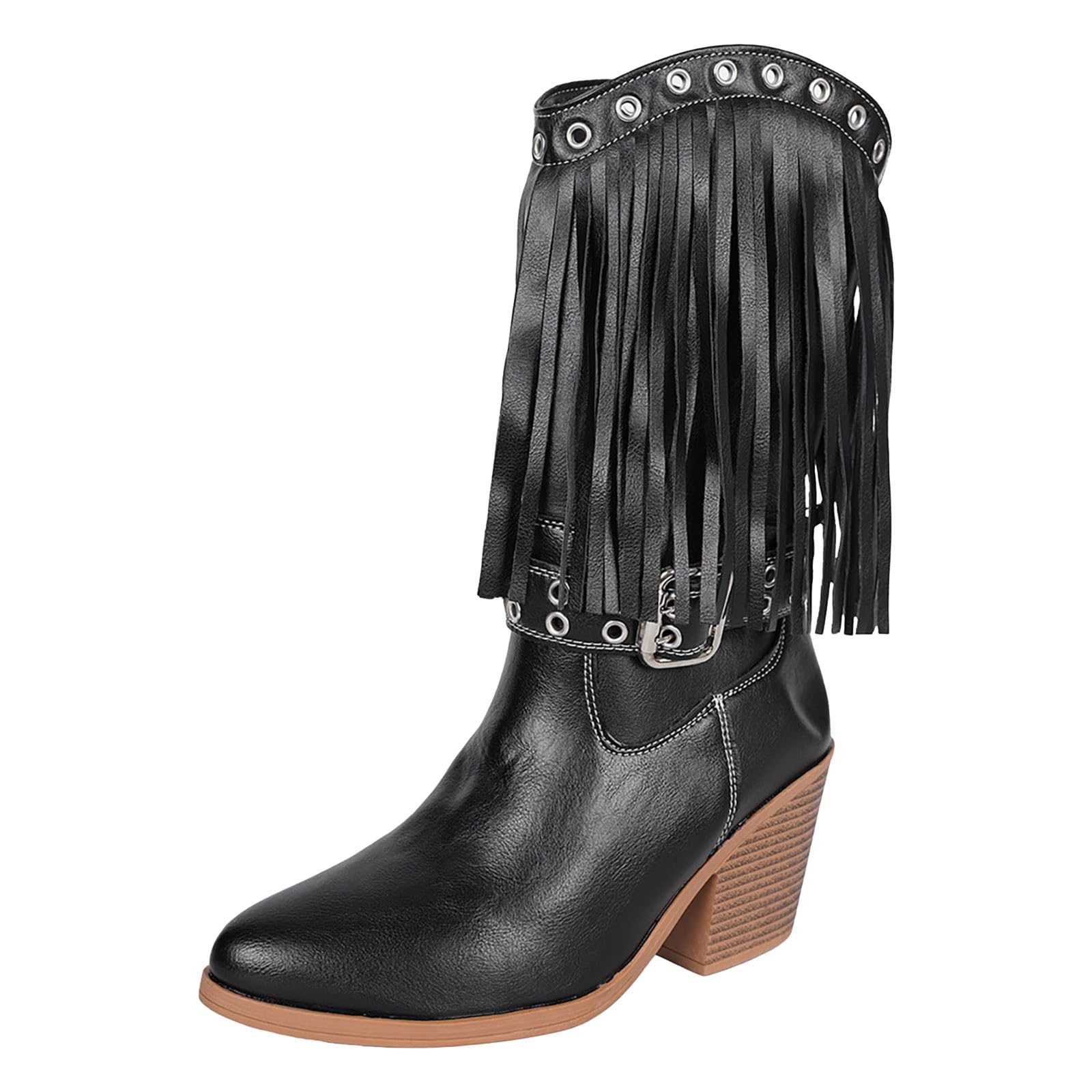 ZSpzx Womens Cowboy Mid Calf Boots with Tassels Western Cowgirl Leather Metal Buckle Straps Chunky Block High Heels