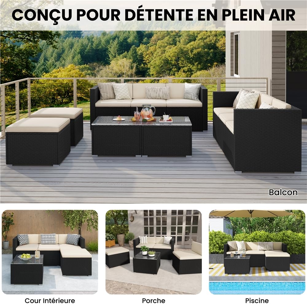 Yaheetech Salon de Jardin Exterieur 4 Personnes en Polyrotin Ensemble Mobilier de Jardin 5 Pièces avec 3 Canapé Modulables 1 Table Basse 1 Ottomane pour Balcon Bistro Patio Terrasse Noir/Beige