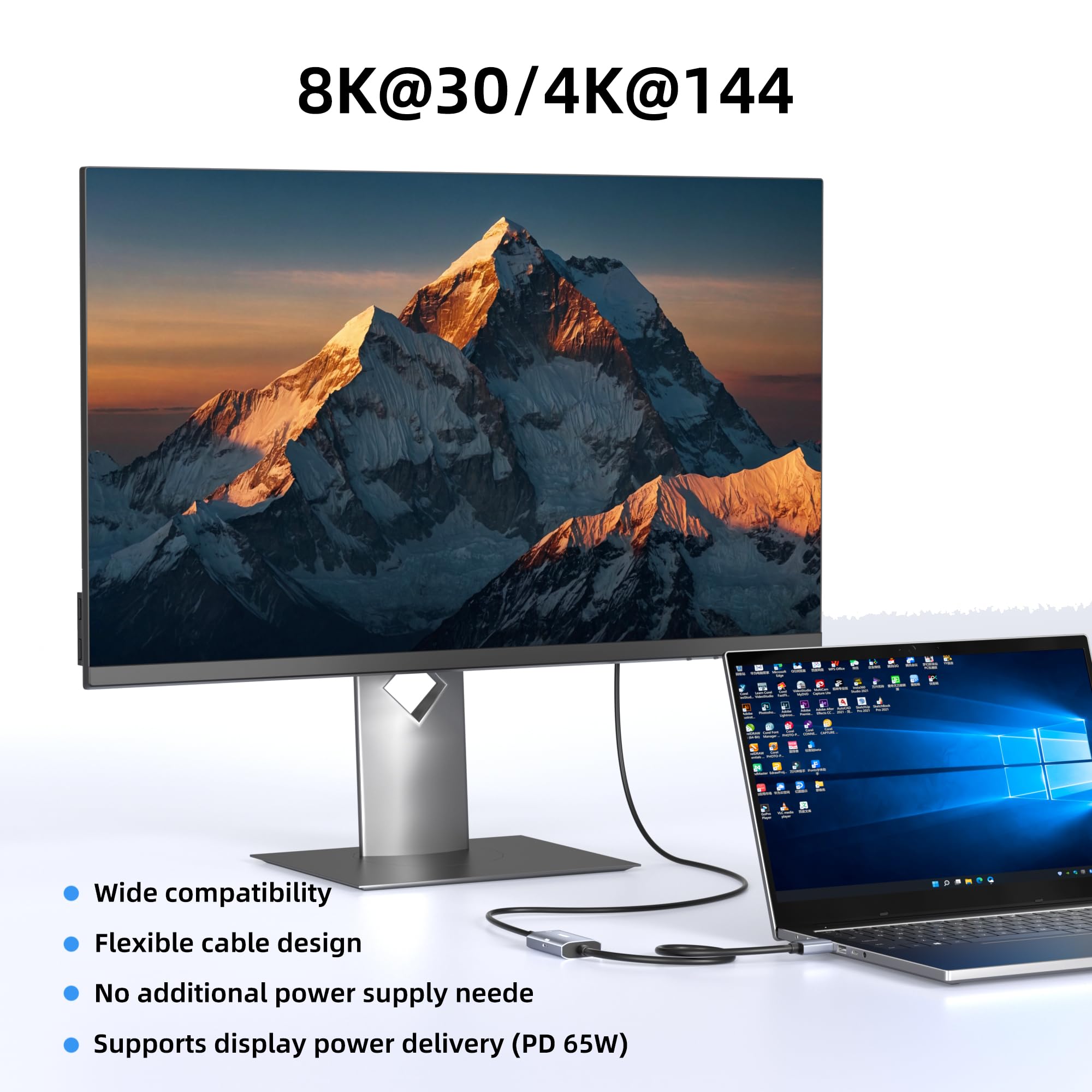 Adapter DisplayPort 8K przy 30 Hz / 4K przy 144 Hz na USB-C z ładowaniem PD 65 W, grafitowy kabel Display Port męski na typ C żeński do monitora USBC, kompatybilny z MacBook Pro/Air, iMac