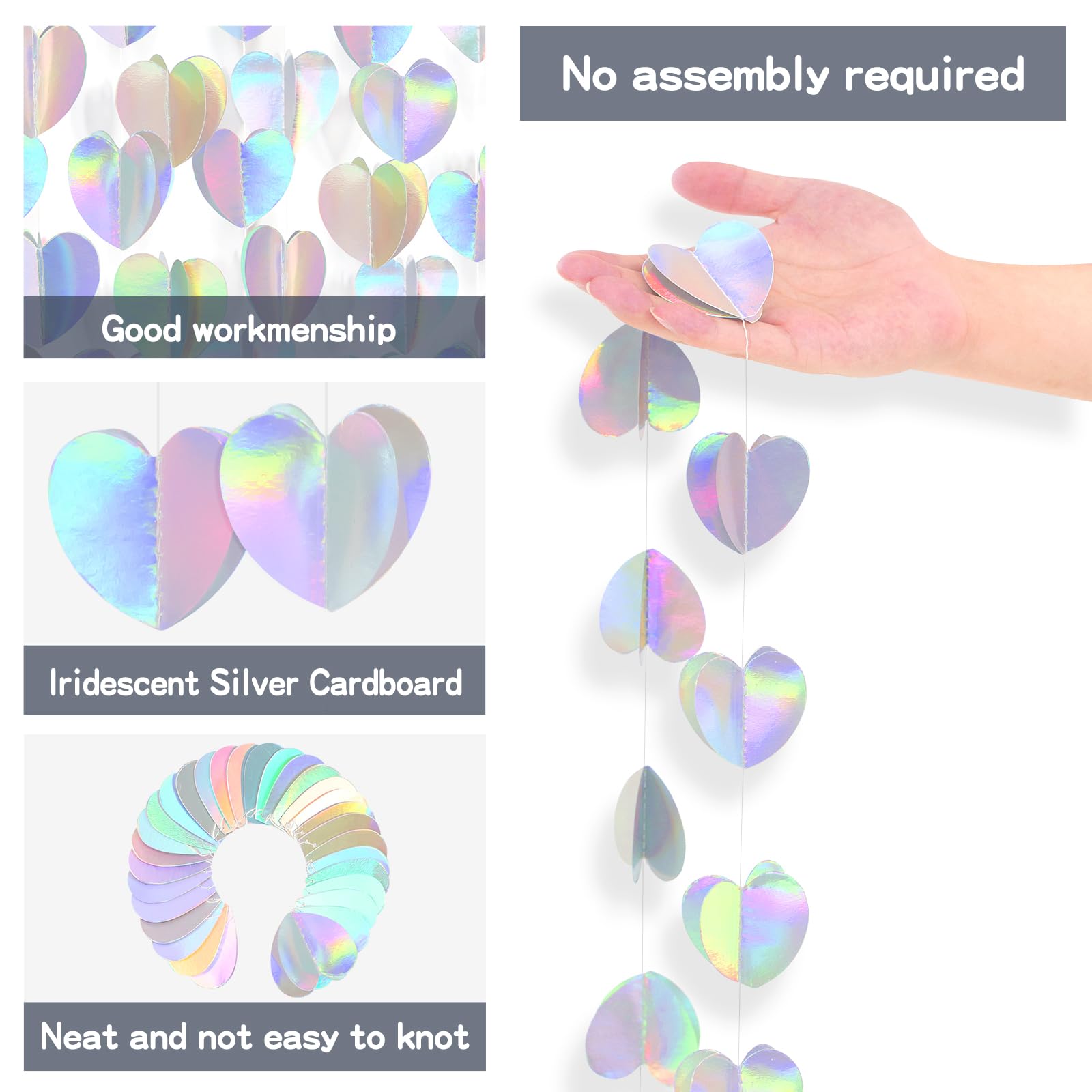 G2PLUS 3D Iridescent Heart Garlands: 12m Holographic Hanging Paper Streamers - Image 3