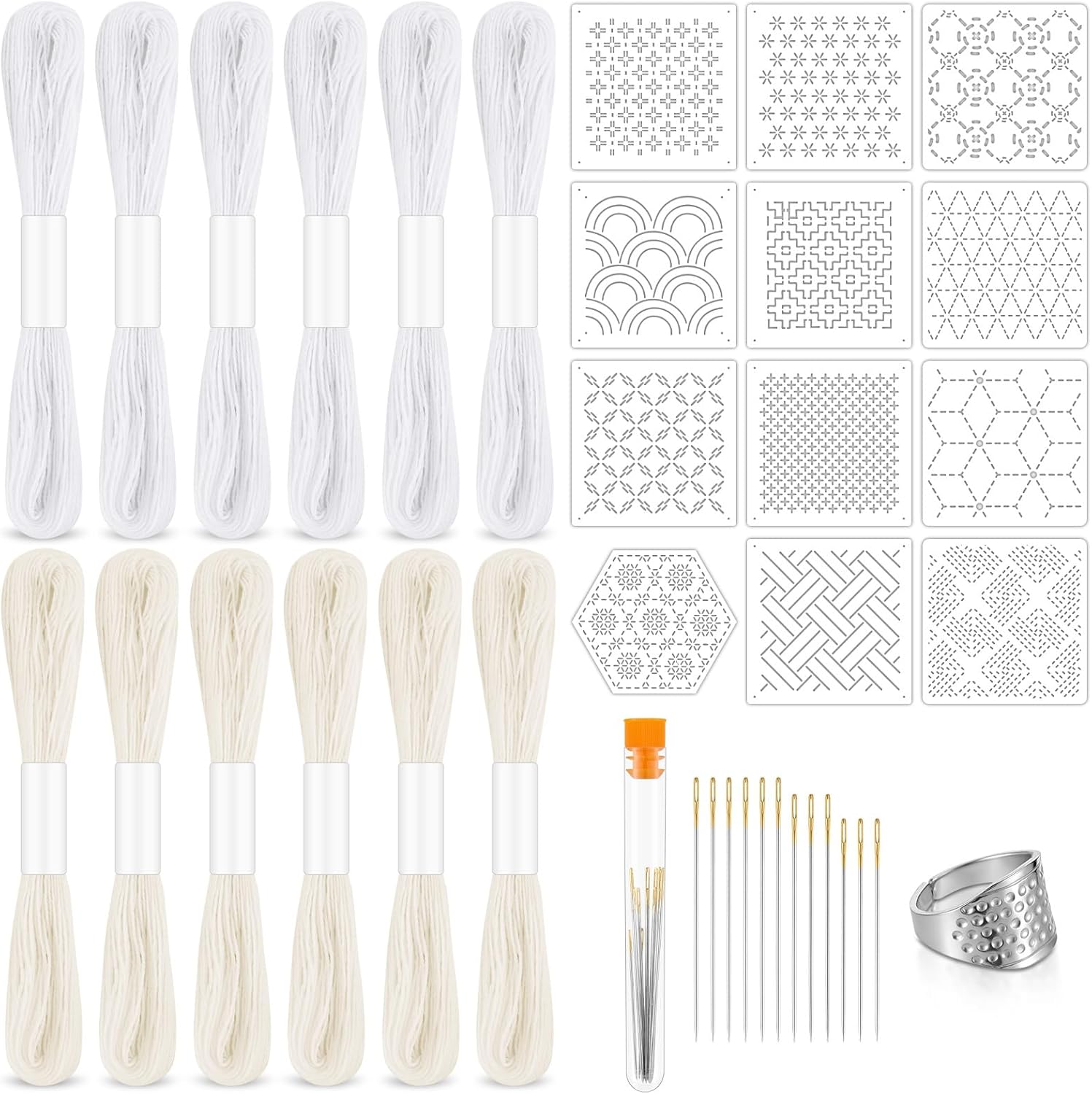 37 Pcs Sashiko Thread Kit Sashiko Needles Cotton Thimble Sashiko Patterns Embroidery Projects for Sewing Hand Quilting Mending Supplies