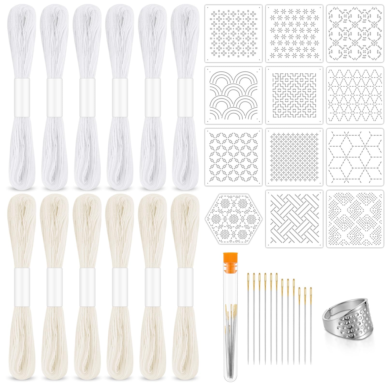 Booson 37 Pcs Sashiko Thread Kit Sashiko Needles Cotton Thimble Patterns