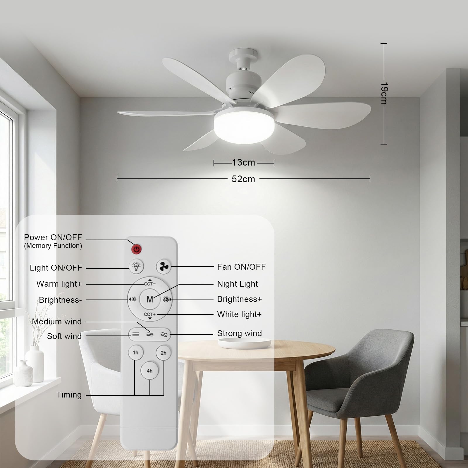 Ventilateur de Plafond avec Lumière et Télécommande – Lampe Ventilateur Plafond E27 avec 3 Niveaux de Vent, Petit Ventilateur Lampe LED Dimmable 3000-6500K, Minuterie 1/2/4h, Fonction Mémoire