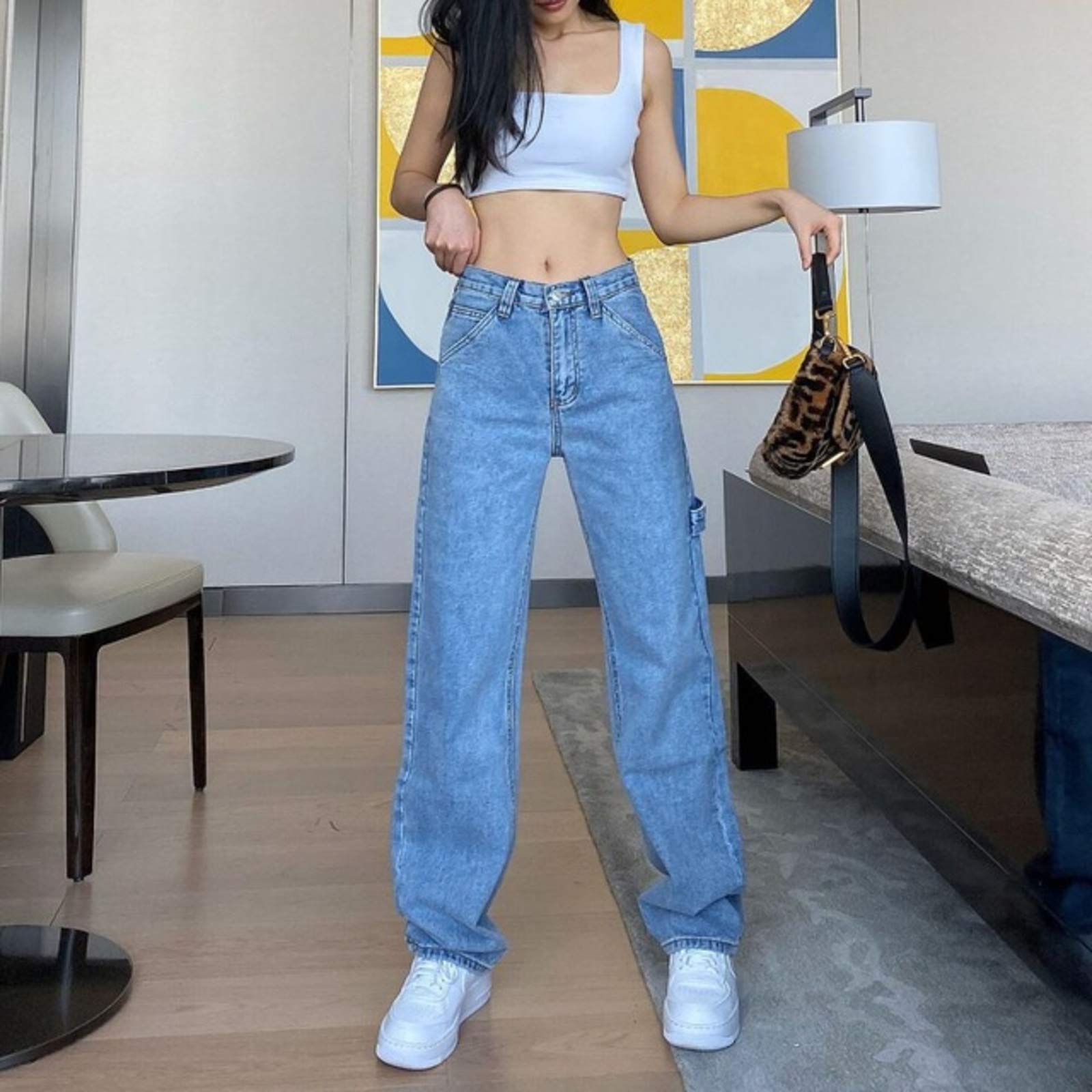 Jeans femmes bleu lâche taille haute mère pantalon long large jambe droite