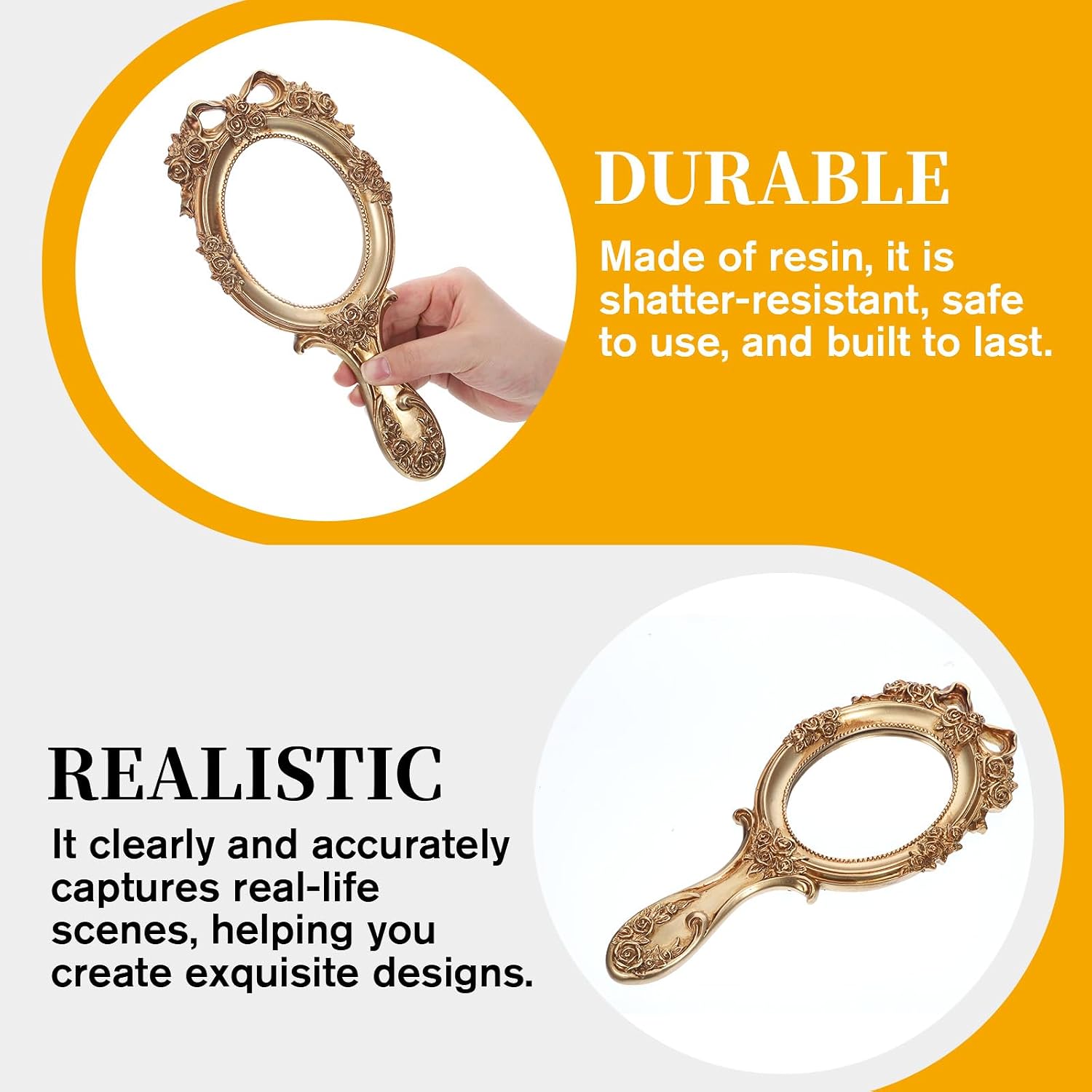 Vintage Handheld Mirror, Vanity Embossed Flower Hand Mirror Elegant Plastic Handheld Travel Mirrors for Women Face Makeup Travel Party Desk Carry Accessories, Antique Gold