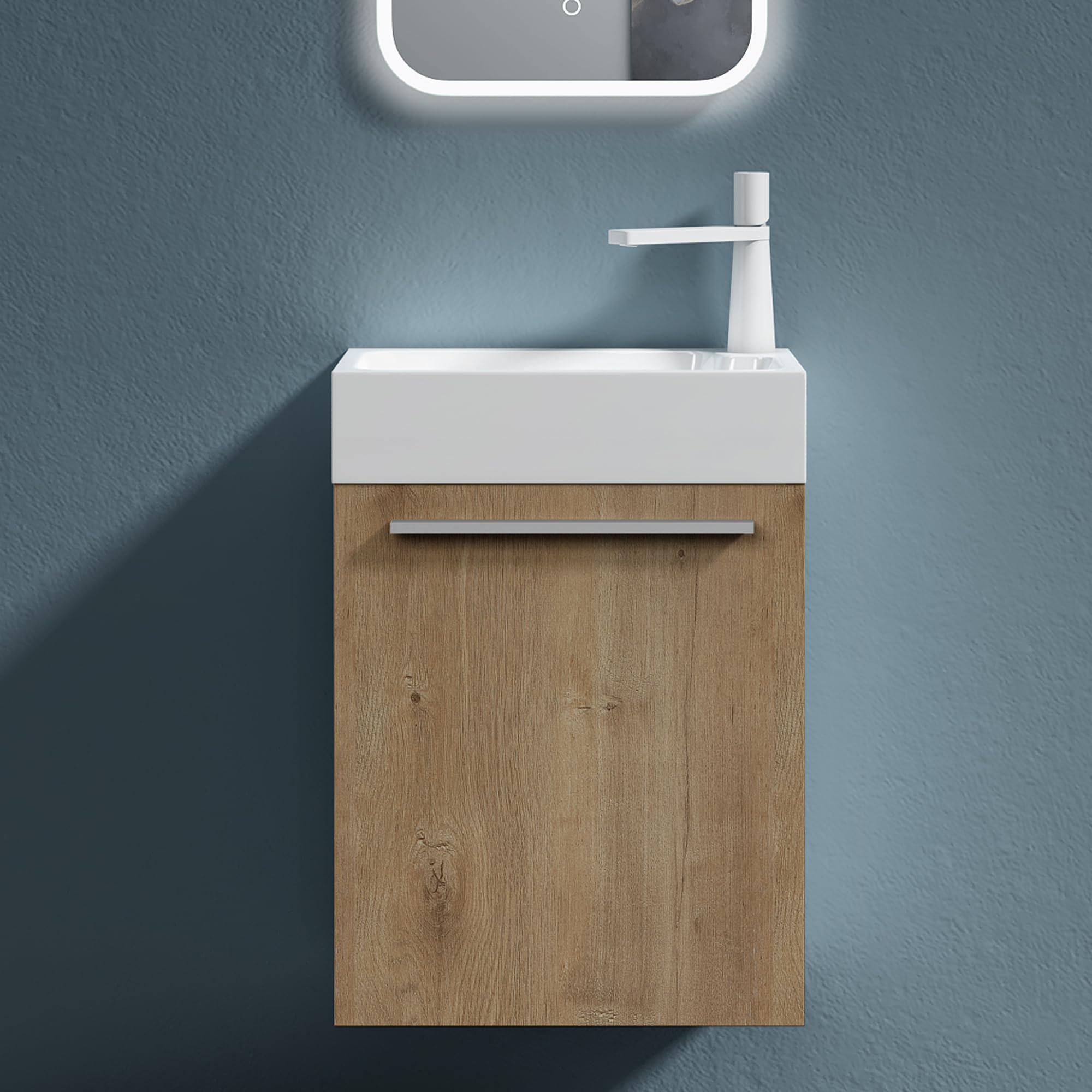 doporro Mobile Bagno Sospeso 46cm Marrone Chiaro, Mobile Sottolavabo per WC Ospiti con Lavabo in Marmoresina Bianco, Pisa