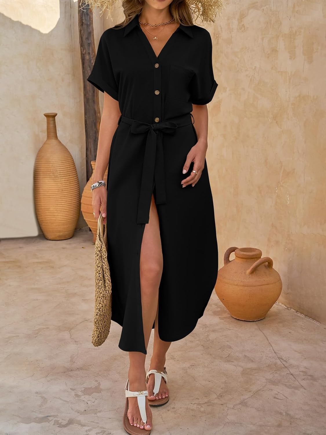 Yousify Summer Dresses for Women 2026 Casual Short Sleeve Button Down Maxi Dress Beach Cover Ups with Pockets