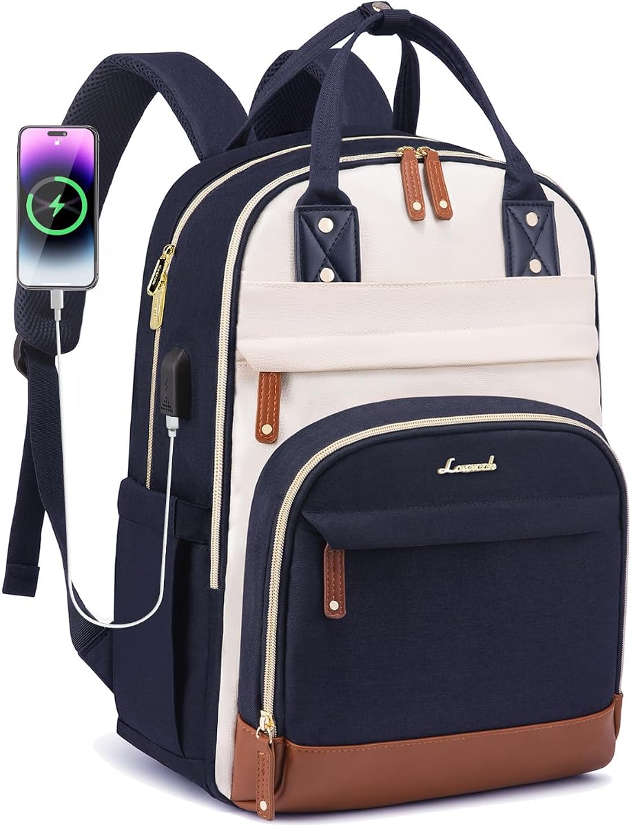 Mochila LOVEVOOK para mujer, mochila para ordenador portátil para mujer, se adapta a una bolsa para ordenador portátil de 15,6 pulgadas, mochilas escolares, bolsa antirrobo para viajes de moda, bolso impermeable para ordenador de empresa, mochila universitaria,beige-azul-marrón