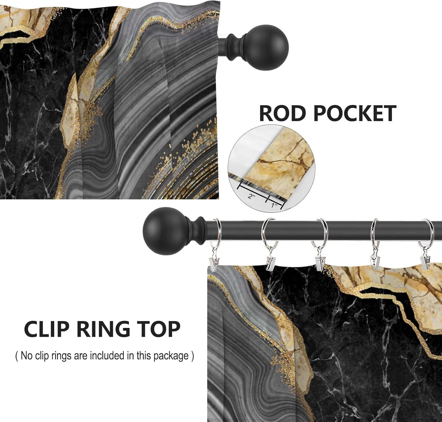 Marble Black & Gold Tiered Swag Window Curtain Set, 3Pc Kitchen Curtains with Marble Art Valance, Rod Pocket for Modern Kitchen Windows; Unique Patterns