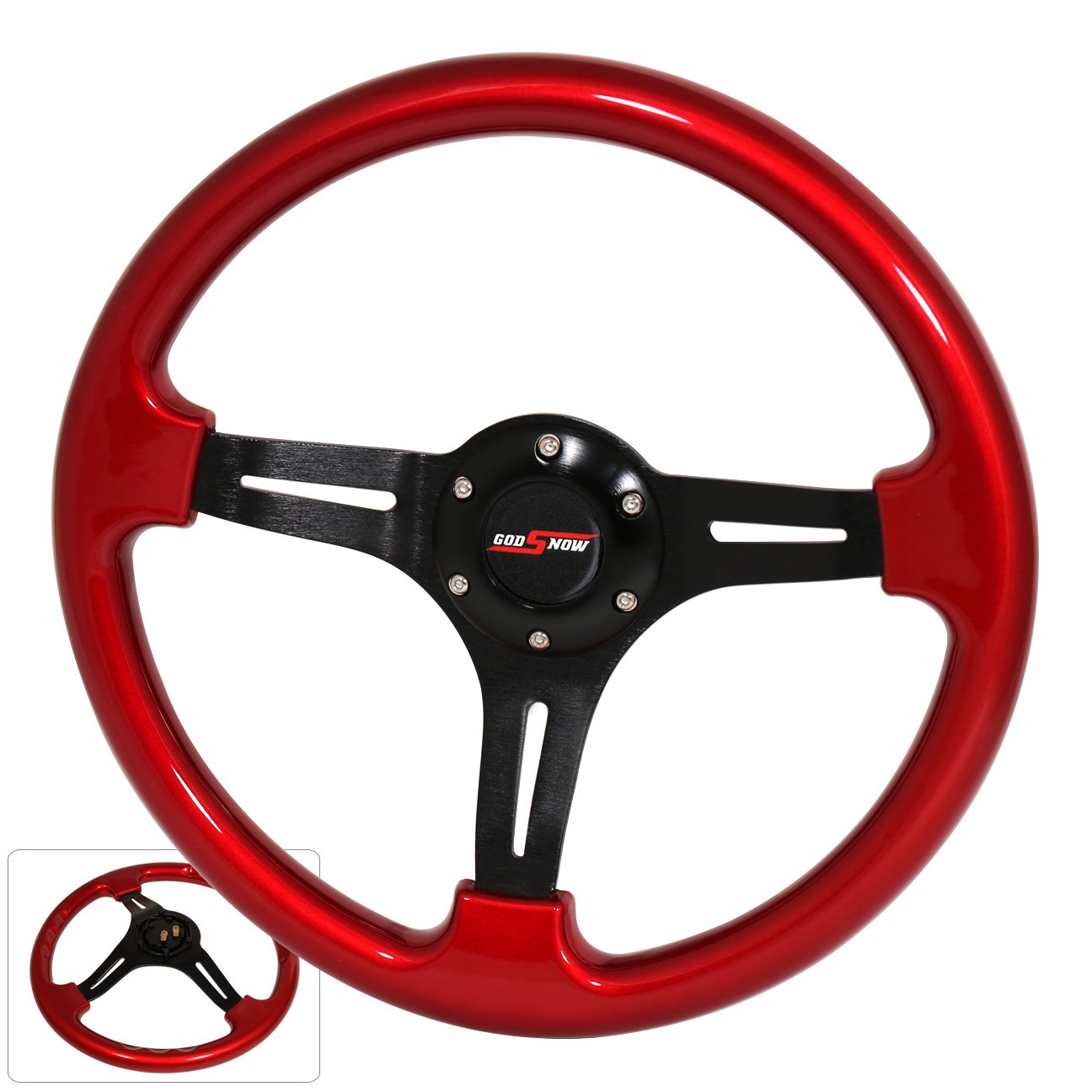 AJP DistributorsUniversal 350mm 6 Bolt Hole Heavy Duty Light Weight Steering Wheel Red Trim Black Center Streak Design Godsnow Jdm Horn