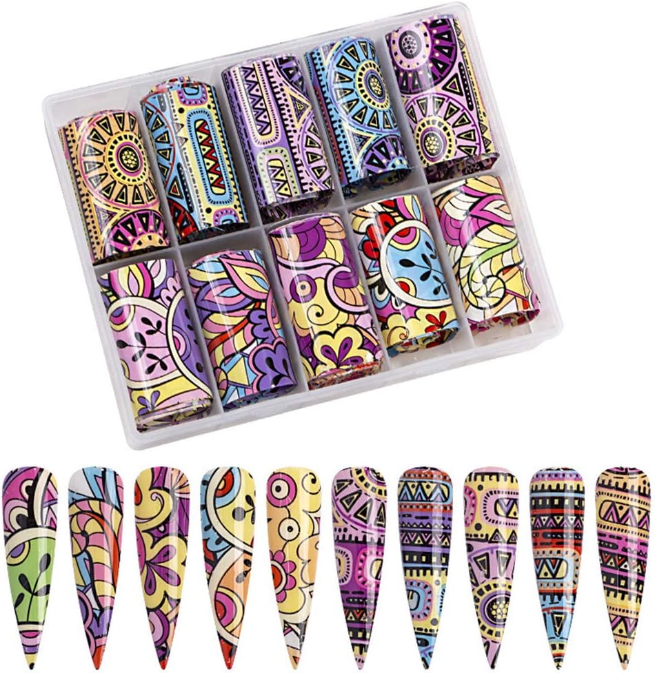 Macute Nail Foil Transfer Stickers Nails Supply Foil Transfers 10 Types Colorful Geometry Nail Foils Set Nail Art Flower Transfer Designs Decals for Women Acrylic Fingernails and Toenails Decorations
