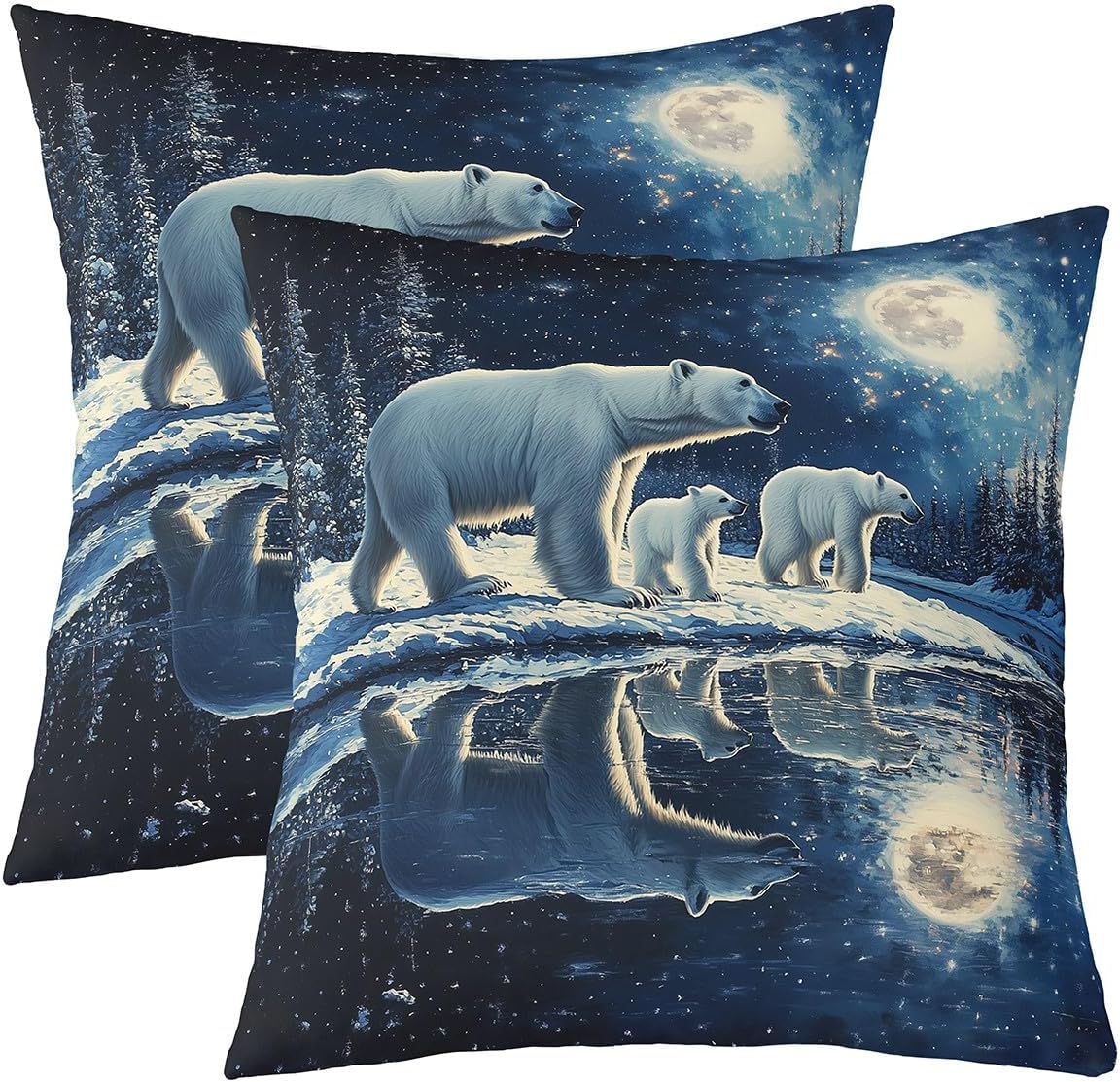 Cartoon Polar Bear Throw Pillow Covers Set of 2 Cute Winter Animal Cushion Covers for Couch Sofa Starry Moon Sky Decorative Pillowcases Dark Blue Beige White Outdoor Pillows Covers,24"x24"