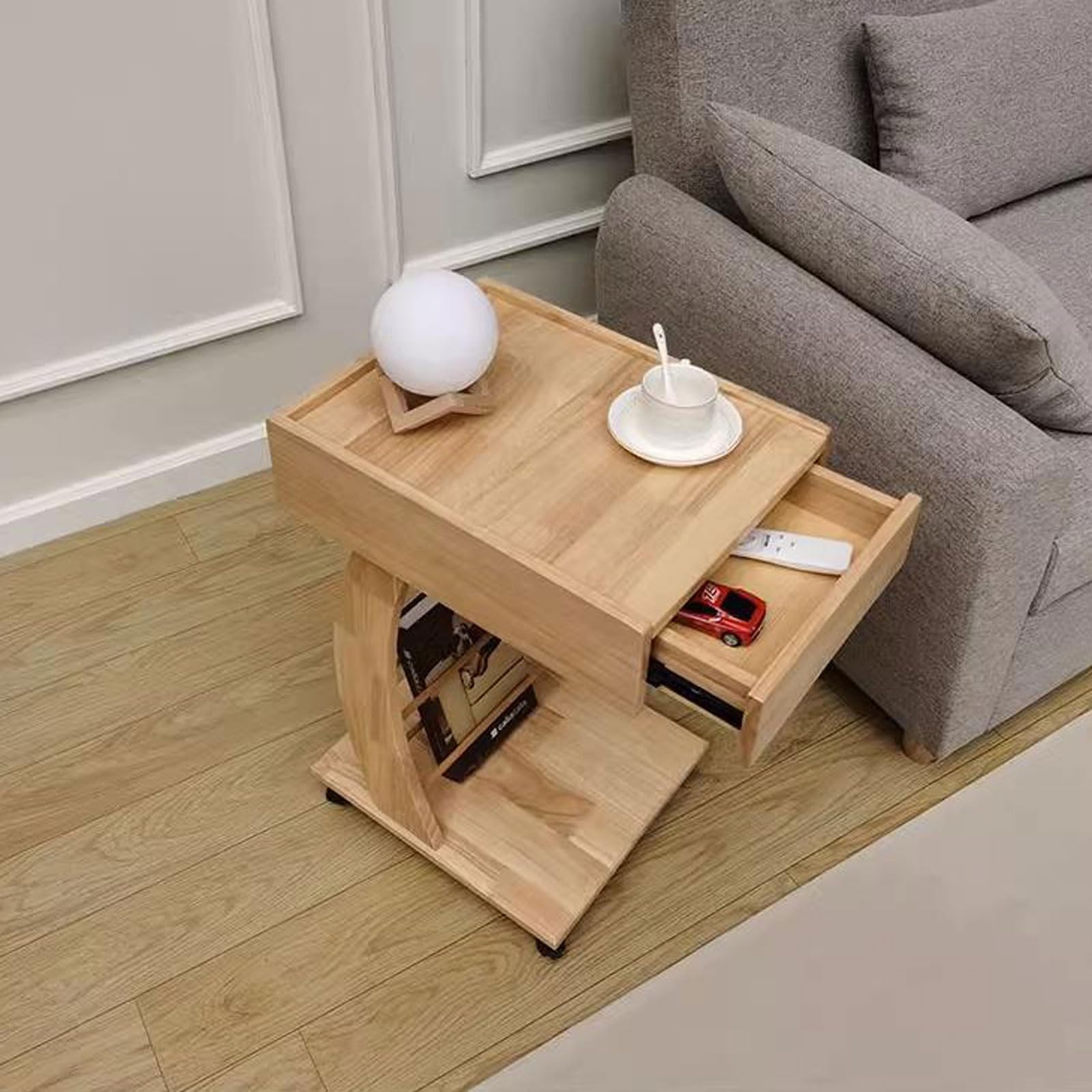 Houten bank bijzettafel, C -vormige eindtafel, ovale snack bijzettafeltje Sofa koffie accenttafel die onder glijdt, geschikt voor woonkamer, kantoor, balkon