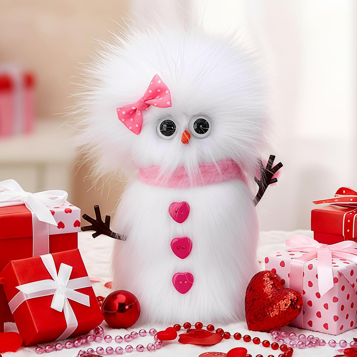 Jenaai Pink Valentine Day Frazzled Snowman Decor Cute Love Handmade Frazzled Snowman Plush Doll Wearing Scarves Table Centerpiece Decoration for Home Tabletop Tiered Tray Valentine's Gifts