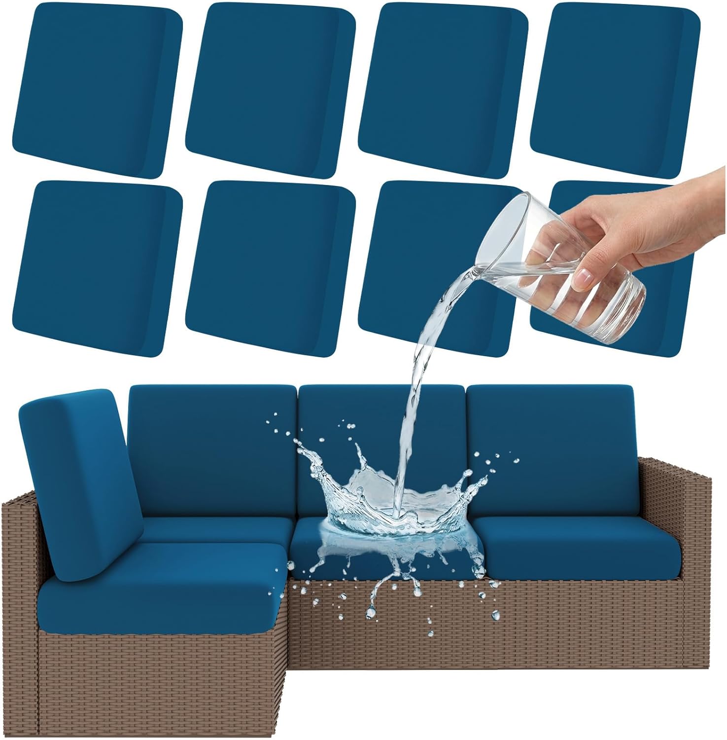 Smiry Waterproof Patio Cushion Covers, Stretch Outdoor Couch Slipcovers Replacement Washable Furniture Protector Sofa Chair Seat Cover for Dogs and Pets (8 Pcs, Peacock Blue)