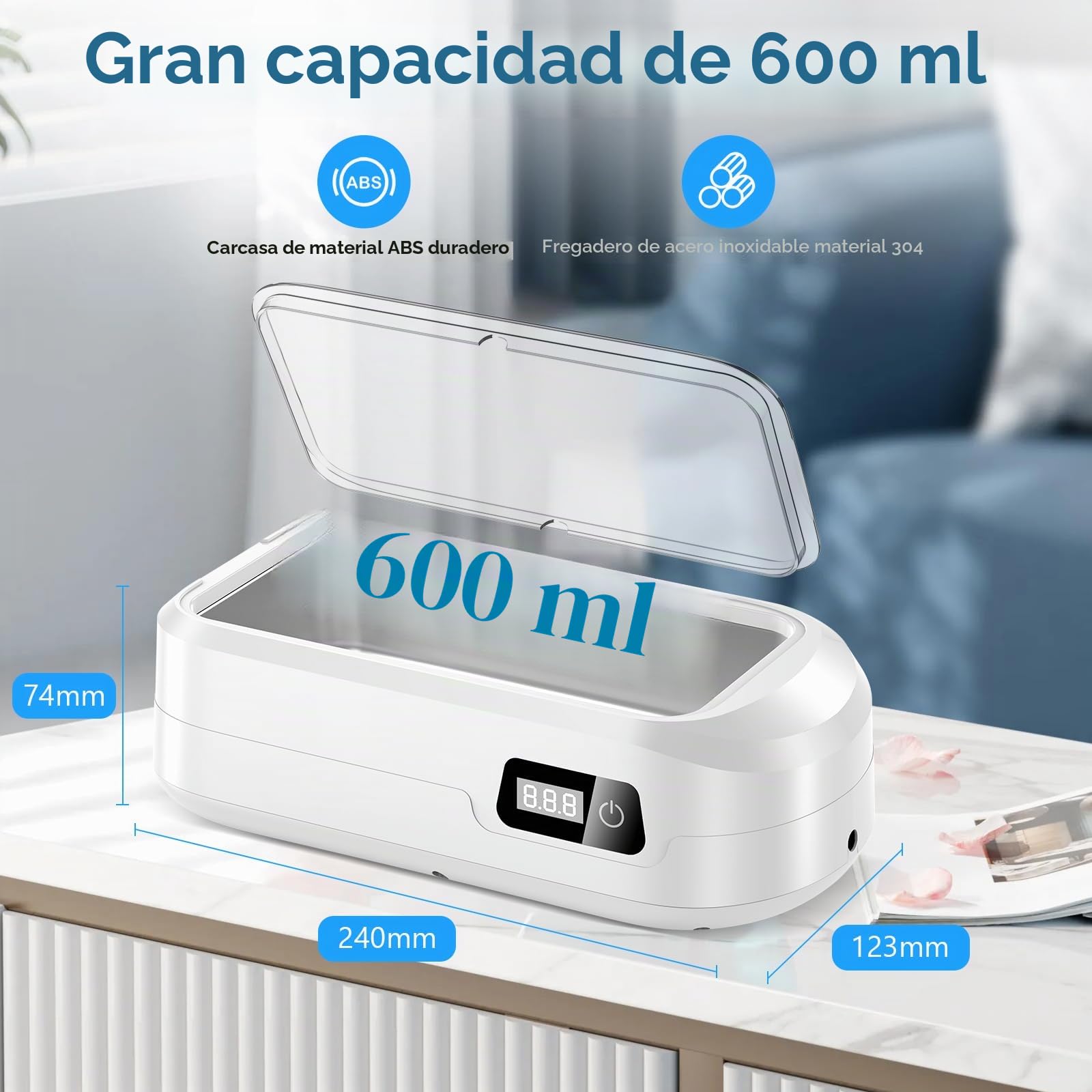 Limpiador Ultrasonidos 49000Hz, 600mL Limpiador Gafas Ultrasonico Profesional con Pantalla LED, Dentaduras Ultrasonidos con 4 Temporizador, para Gafas Joyas Anillos Relojes Dentaduras