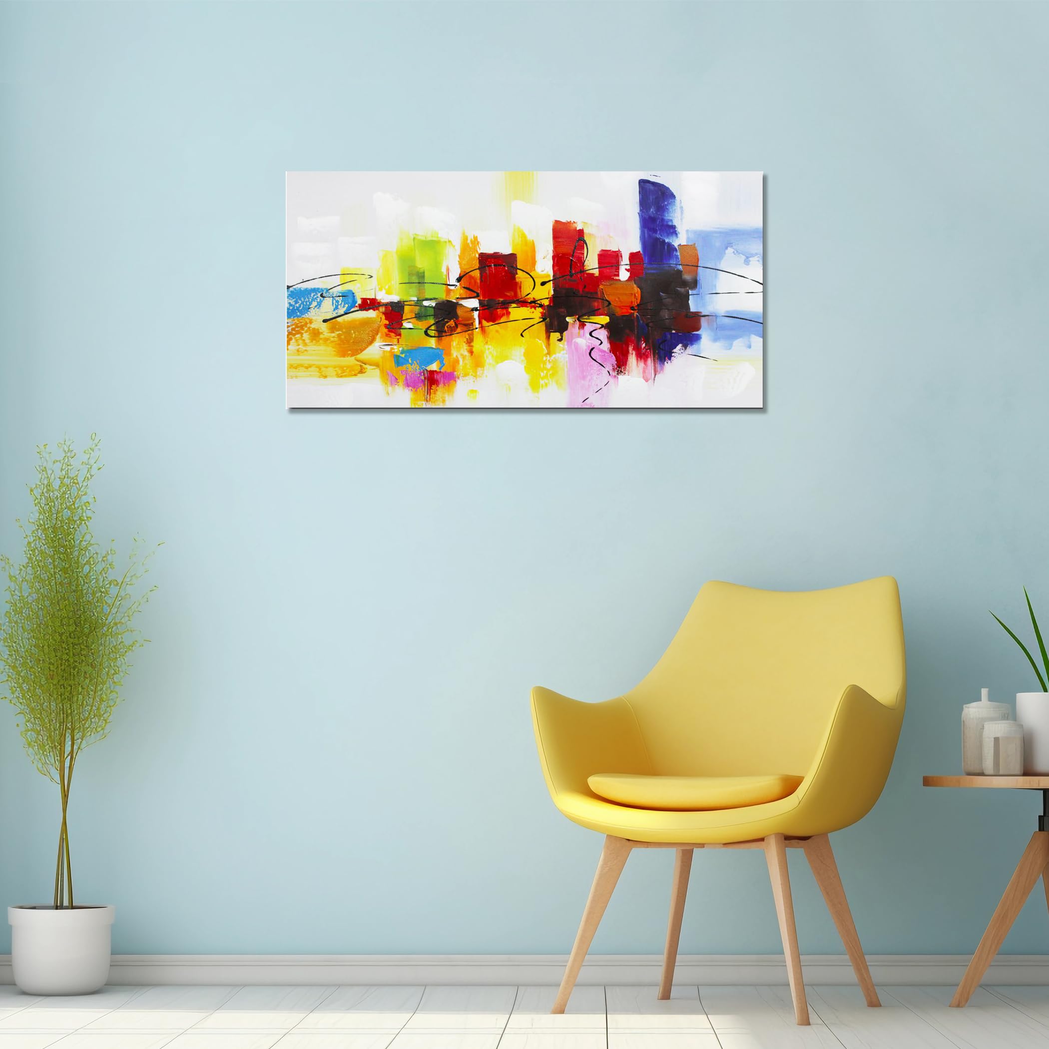 Amazon.co.jp: Fokenzary手描きのカラフルな抽象絵画キャンバス
