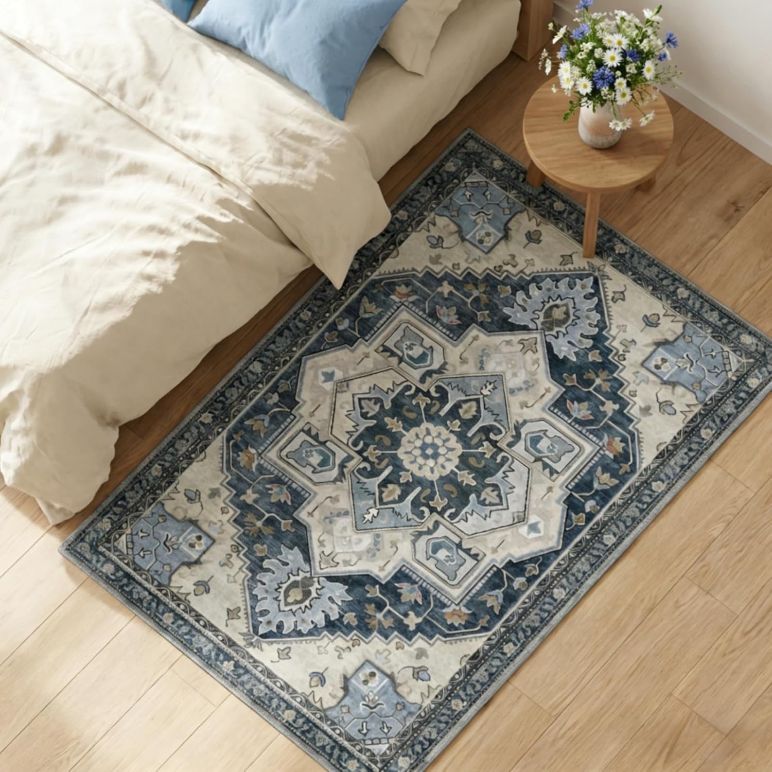 3x5 Area Rug Washable Rug Large Non Slip Entryway Rug Indoor Door Mat, Blue Floral Vintage Print Carpet 3x5 Rugs for Entryway Bedroom Bathroom Kitchen Office Living Room