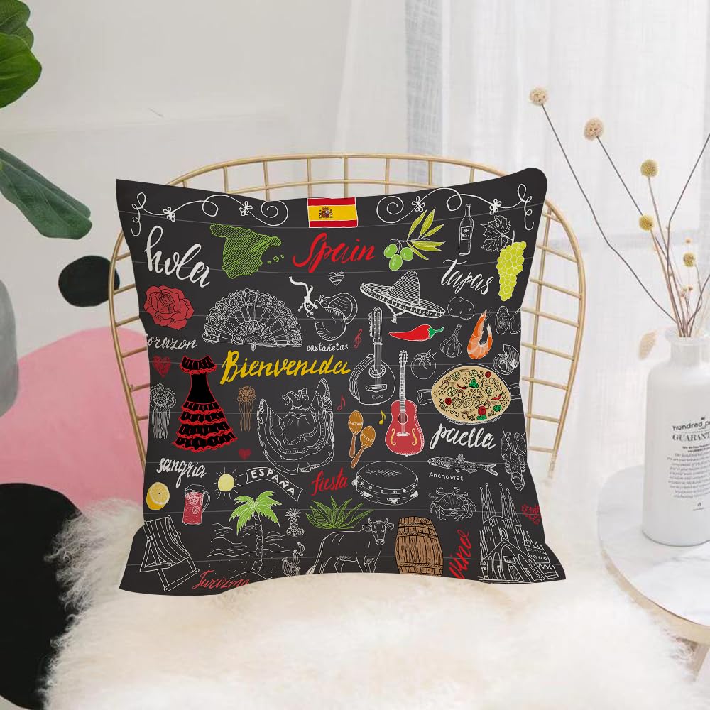 Hyosxw Spain Doodles Elements. Hand Drawn Set With - A1 Cushion Cover,Throw Pillow Case Home Decorative For Living Room Bedroom Sofa Chair 18X18 Inch,Spain Doodles Elements. Hand Drawn Set With Spanish Lettering Food Paella Shrim,Pillowcase 45X45cm