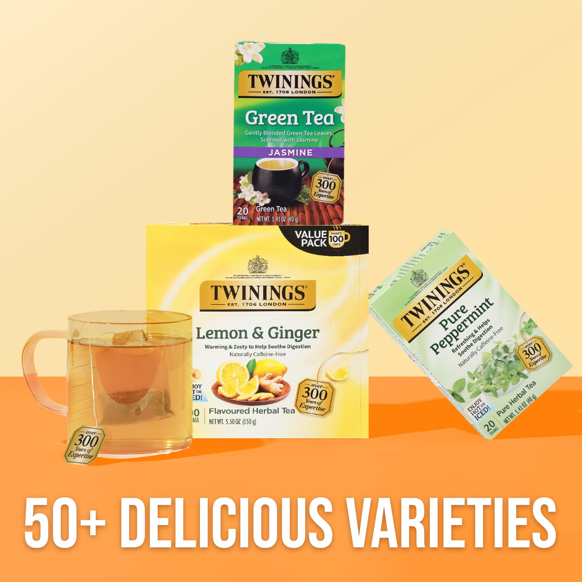 Twinings Lemon & Ginger Herbal Tea Individually Wrapped Bags, 100 Count (Pack of 1), Tangy Lemon, Spicy Ginger, Naturally Caffeine-Free, Enjoy Hot or Iced, 100 Teabags - Image 6