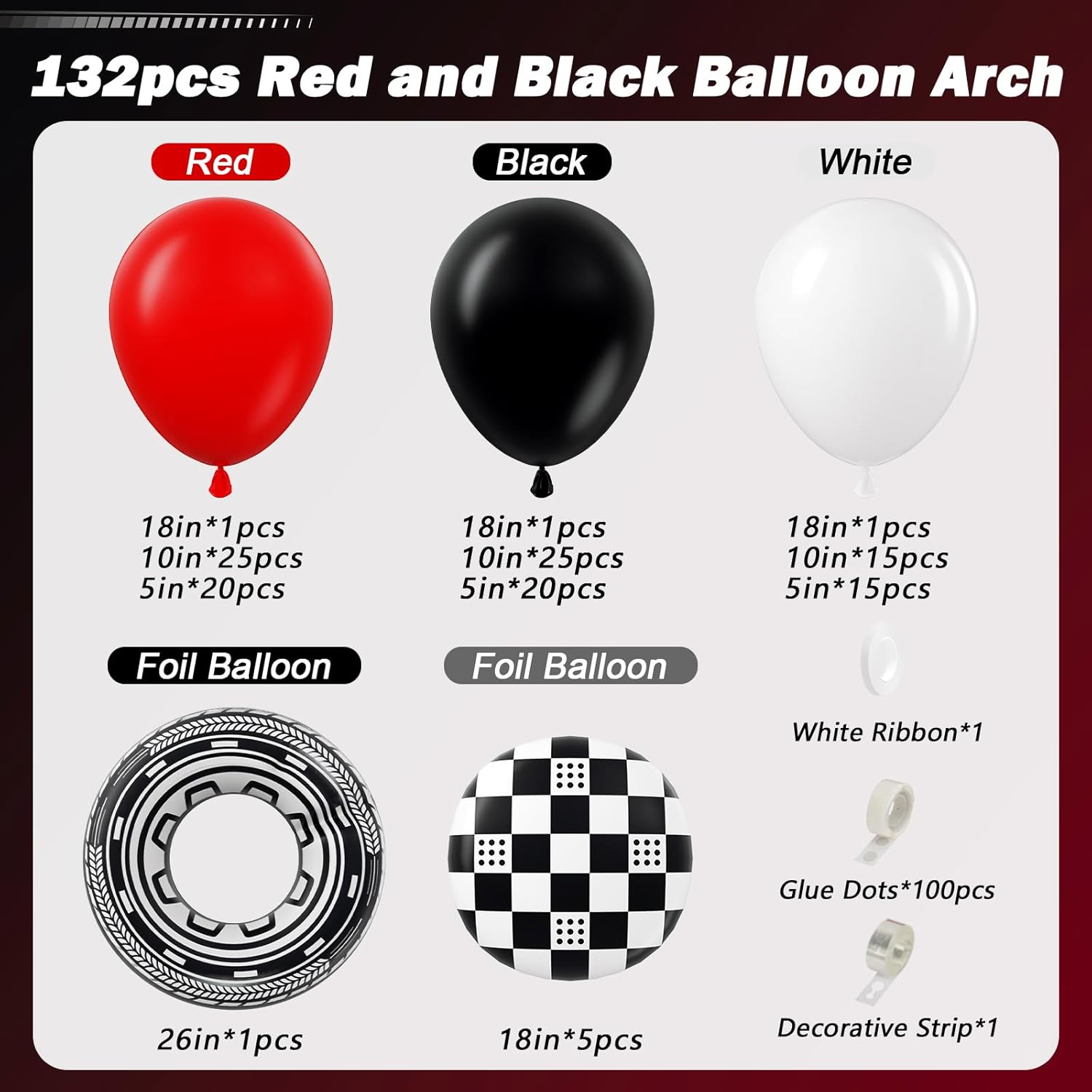 132pcs Race Car Balloon Garland Arch Kit, Black Checkered Wheel Tire Balloons Red Black White Latex Balloon for Race Car Two Fast Baby Shower Birthday Party Decorations - Image 2