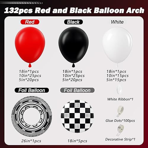 Vista 2 de Kit de arco de guirnalda de globos de auto de carreras, globos de látex rojo y blanco a cuadros negros para autos de carreras, dos decoraciones