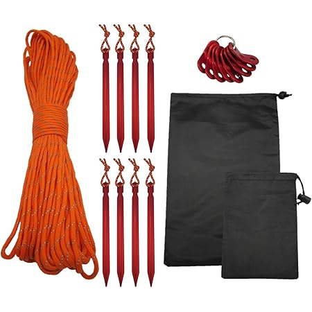 Amazon Tsuacrear テントロープ パラコード タープロープ ガイロープ 31m 9芯 4mm 反射材入 ペグ 8本 自在金具 8個 セット オレンジ Tsuacrear ロープ 張り綱