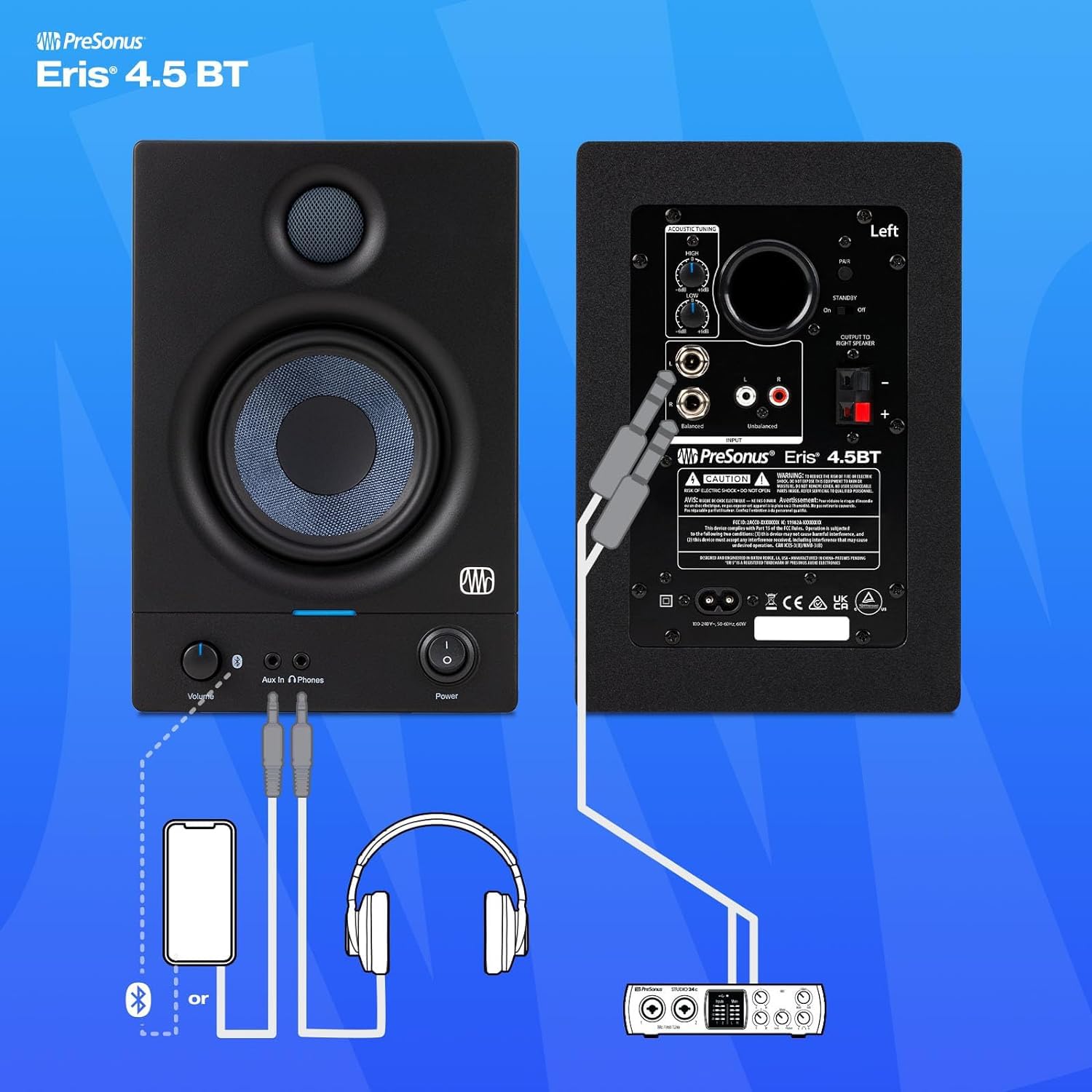 PreSonus Eris 4.5BT aktywne głośniki Bluetooth Studio Monitor głośniki 2 generacji + 2 x kabel jack keepdrum