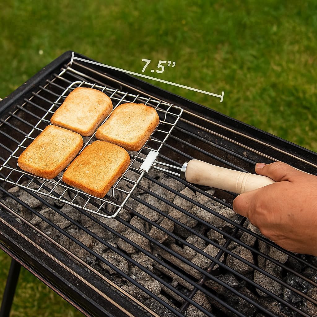 Papad Jali Stainless Steel Wire Roaster Papad Jali Multi Functional Roasting Net Roast Grill Chapati Toast Wooden Round Handle (7.5 Inch)