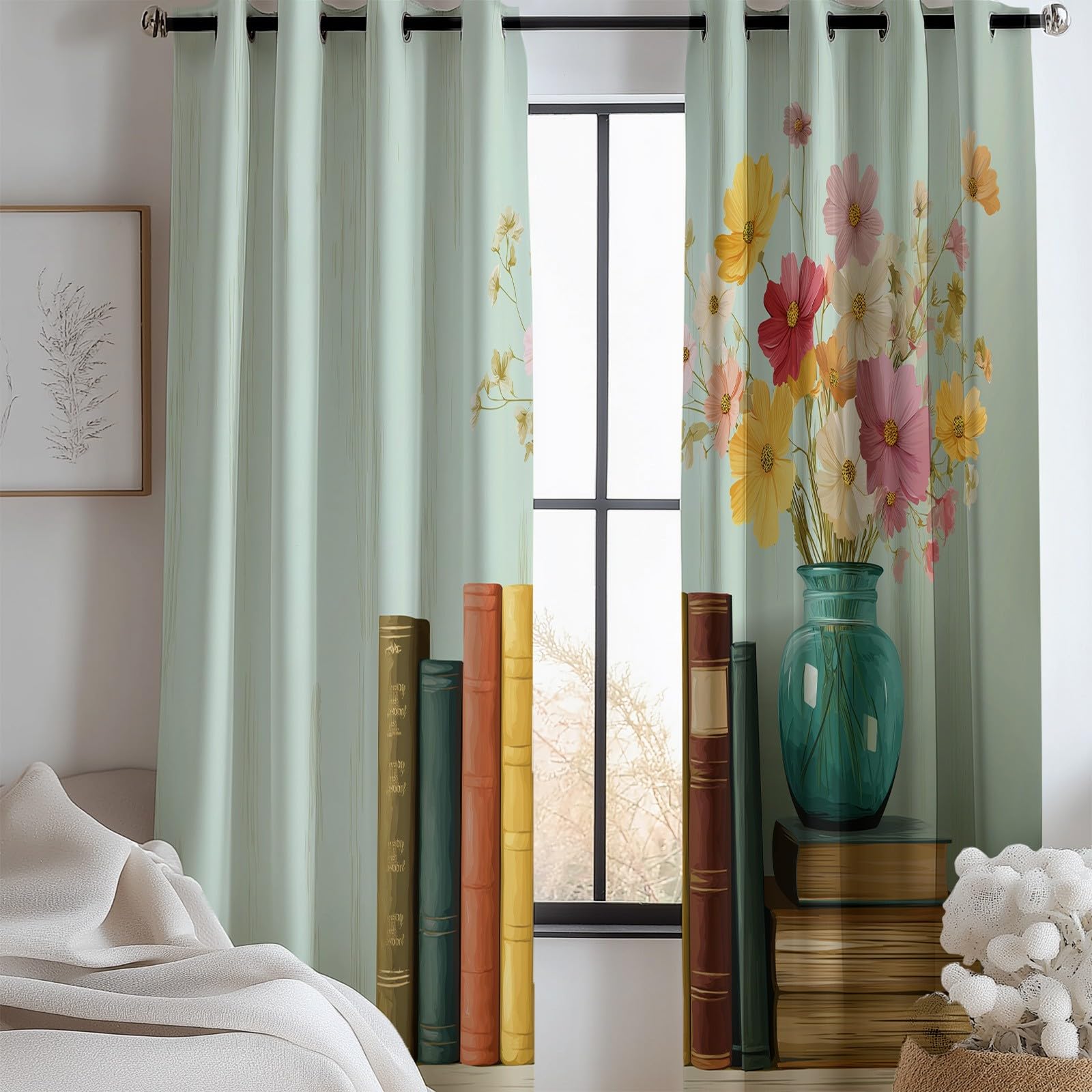Hellgrün Blickdicht Vorhänge für Wohnzimmer Retro Buch Blumen Verdunklungsvorhang mit Ösen, Blickdicht Gardinen Thermovorhang für Schlafzimmer Deko 2er Set, H 260 x B 140 cm
