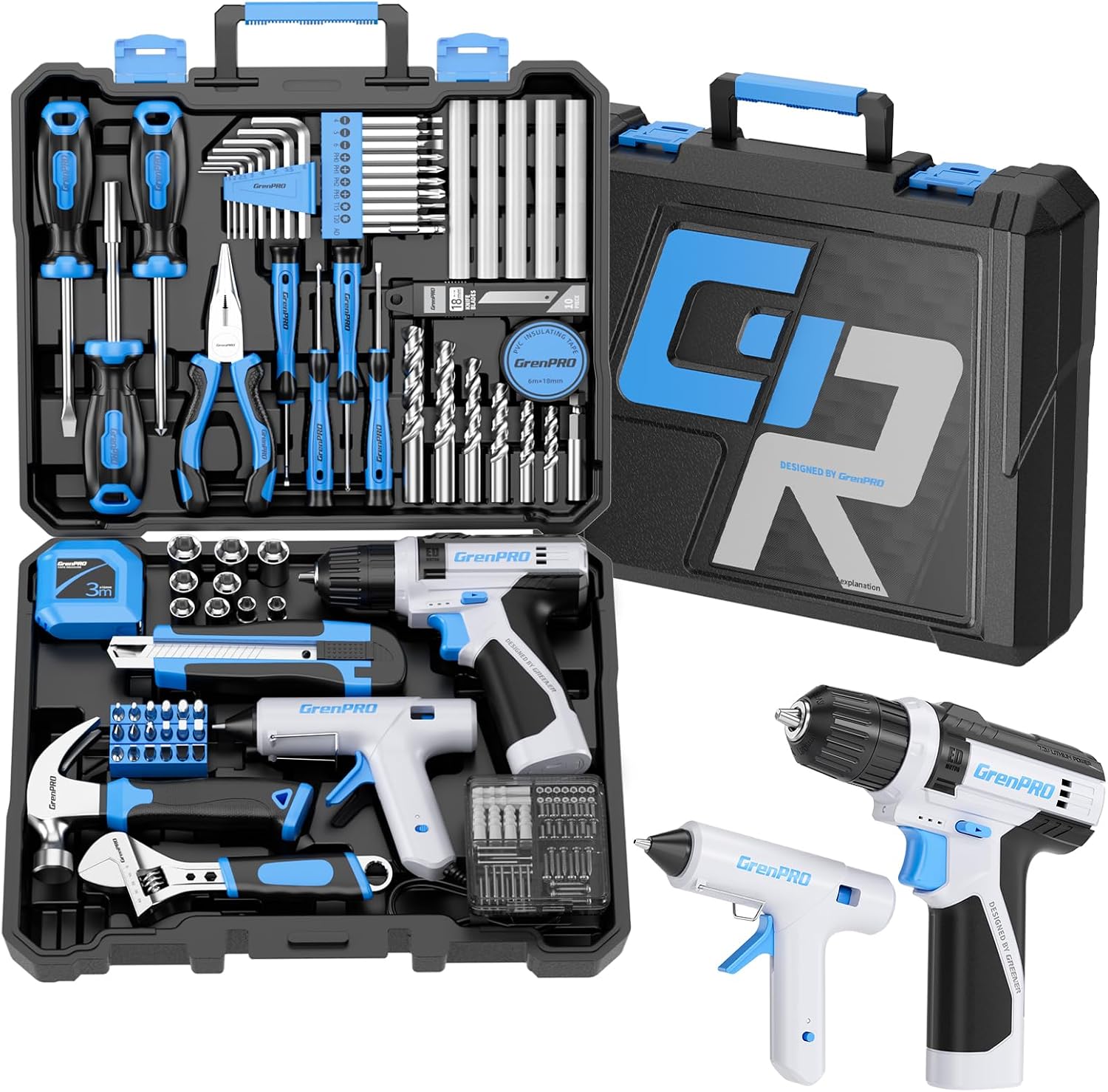 GRENPRO 188PC Blue Cordless Drill Tool Set for Wo&Men Tool Kit for Home Box