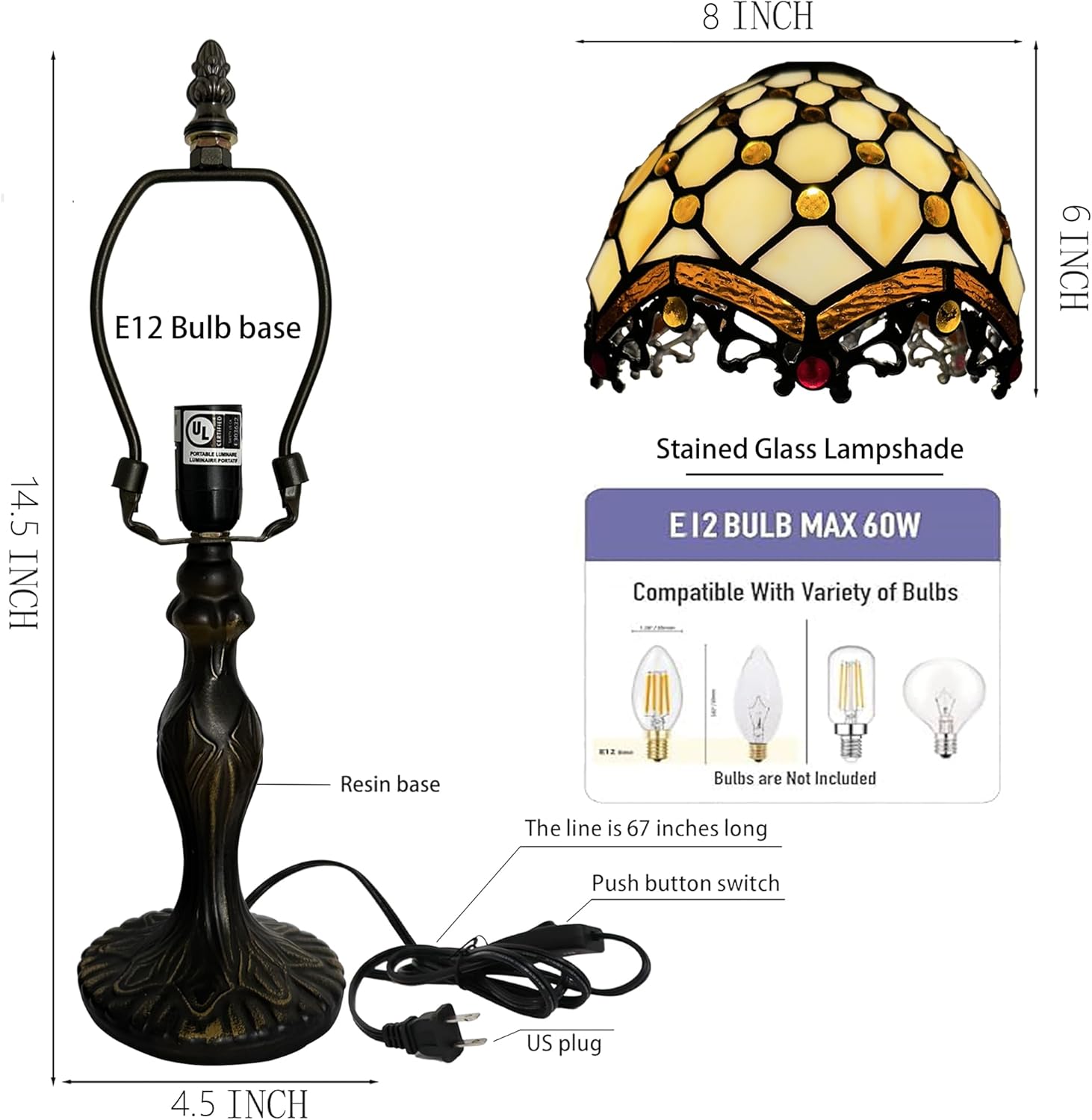 Tiffany Style Lamp Stained Glass Table Lamp 8 x 14.5” Mini Accent Light Phoenix Tail Beads Design Small Decorative Bedside Reading Memory Lamp