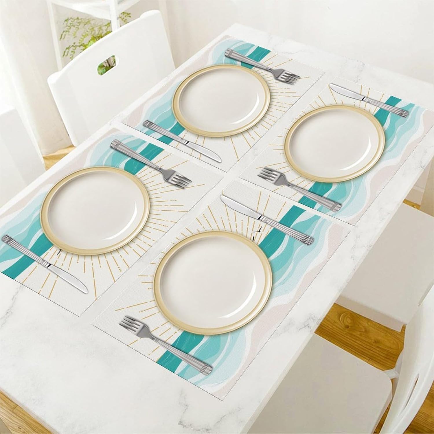 Boho Sunrise Placemat Set of 6, 19x18 Inch Retro Modern Mid Century Ocean Sea Waves Sunset Birds Nature Abstract Aesthetic Minimalist Coffee Table Mats for Outdoor Kitchen Dining Table Decoration image 2
